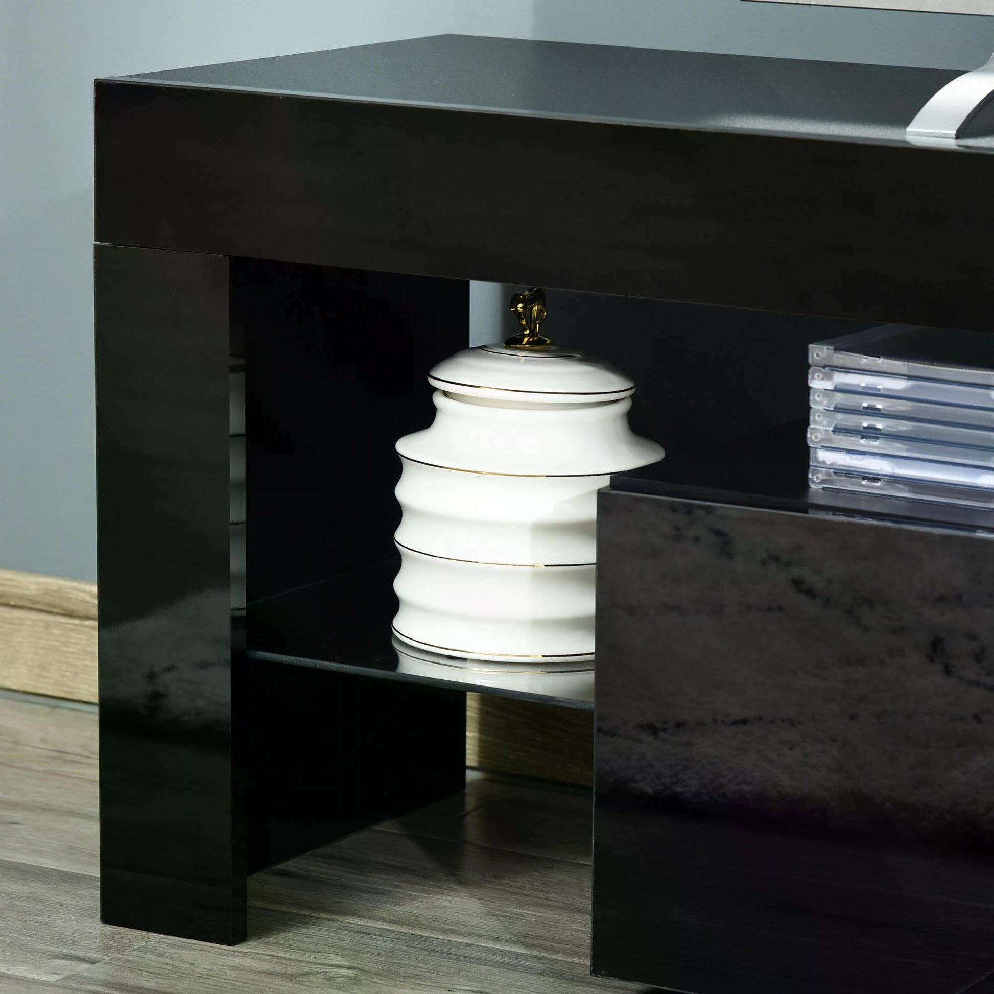 HOMCOM High Gloss TV Stand Cabinet with LED RGB Lights and Remote Control for TVs up to 65", Media TV Console Table with Storage Compartment, Black