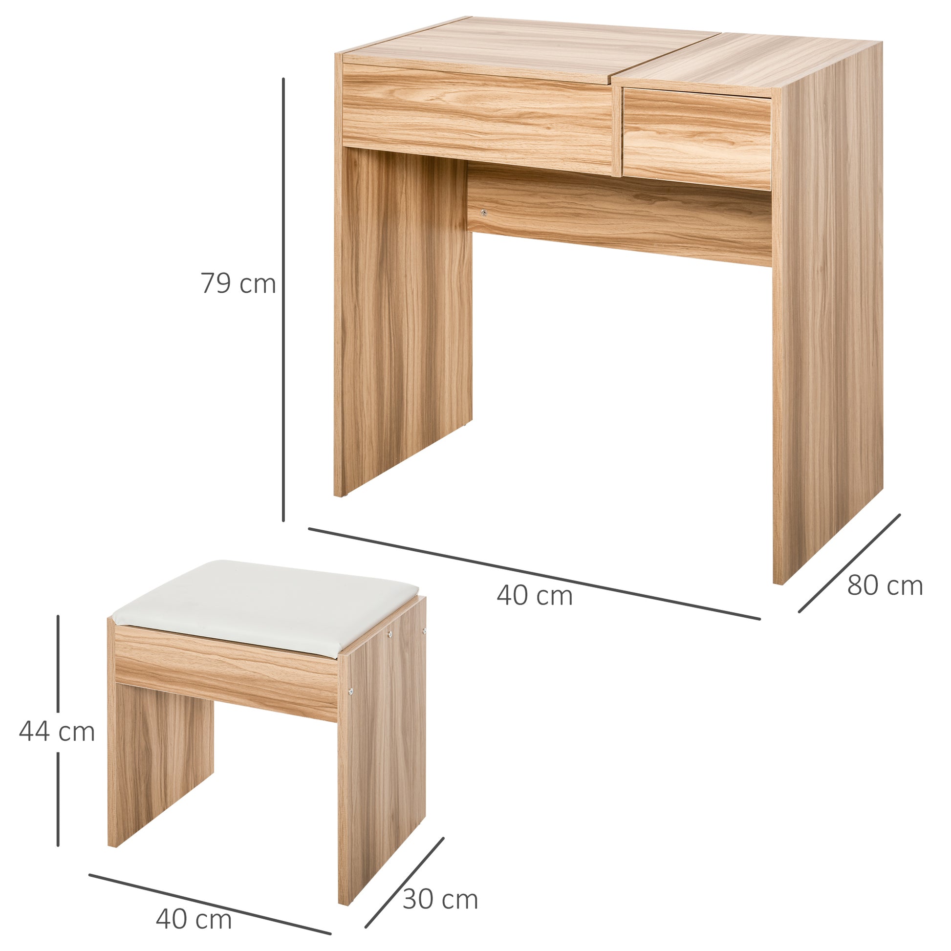 HOMCOM Chipboard Dressing Table Set Cushioned Stool Flip-up Mirror Drawer Wood Grain Colour