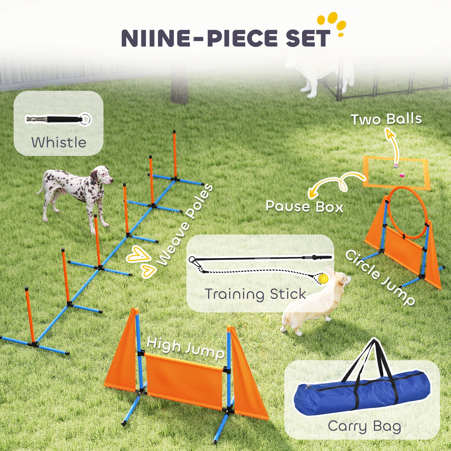 PawHut Seven-Piece Dog Agility Equipment Set with Weave Poles, Jump Ring, Hurdle, Pause Box, Carry Bag, Orange