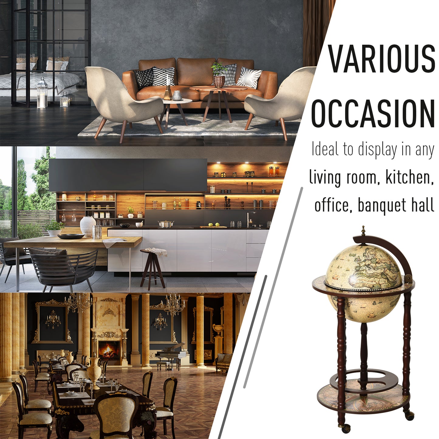 HOMCOM Globe Shaped Retro Style Mini Bar Drink Cabinet Mobile Wine Alcohol Beverage Storage Trolley Glass Bottle Holder w/ Wheels