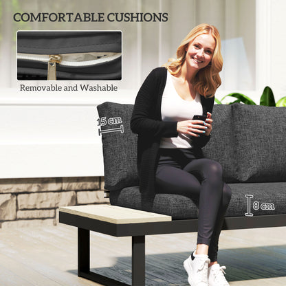 Outsunny 4 Seater L Shaped Aluminium Sectional Garden Furniture Set with 2 Loveseats and Wood-Plastic Coffee Table - Dark Grey