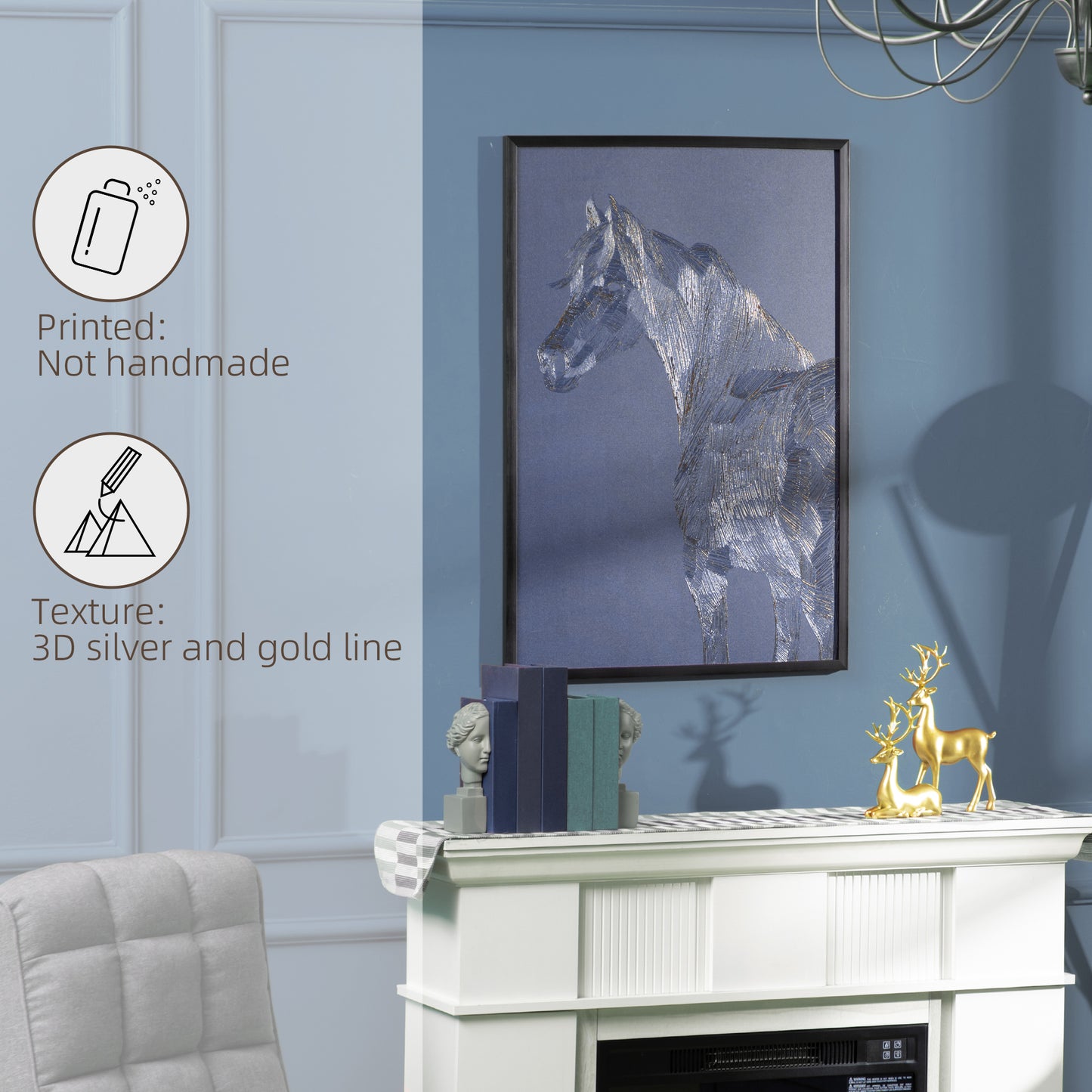 HOMCOM Canvas Wall Art Gold Textured Horse, Wall Pictures for Living Room Bedroom Decor, 93 x 63 cm