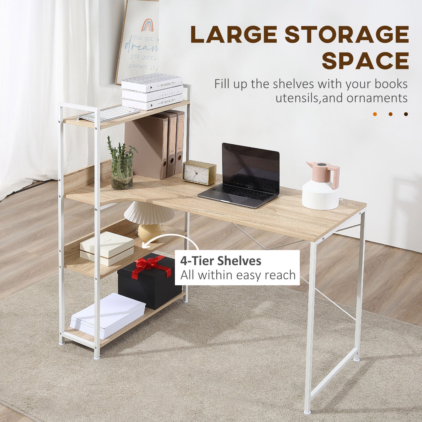 HOMCOM Retro Industrial Computer Desk Home Office Table with 4-Tier Storage Shelf Metal Frame Computer Workstation for Home Office, Oak