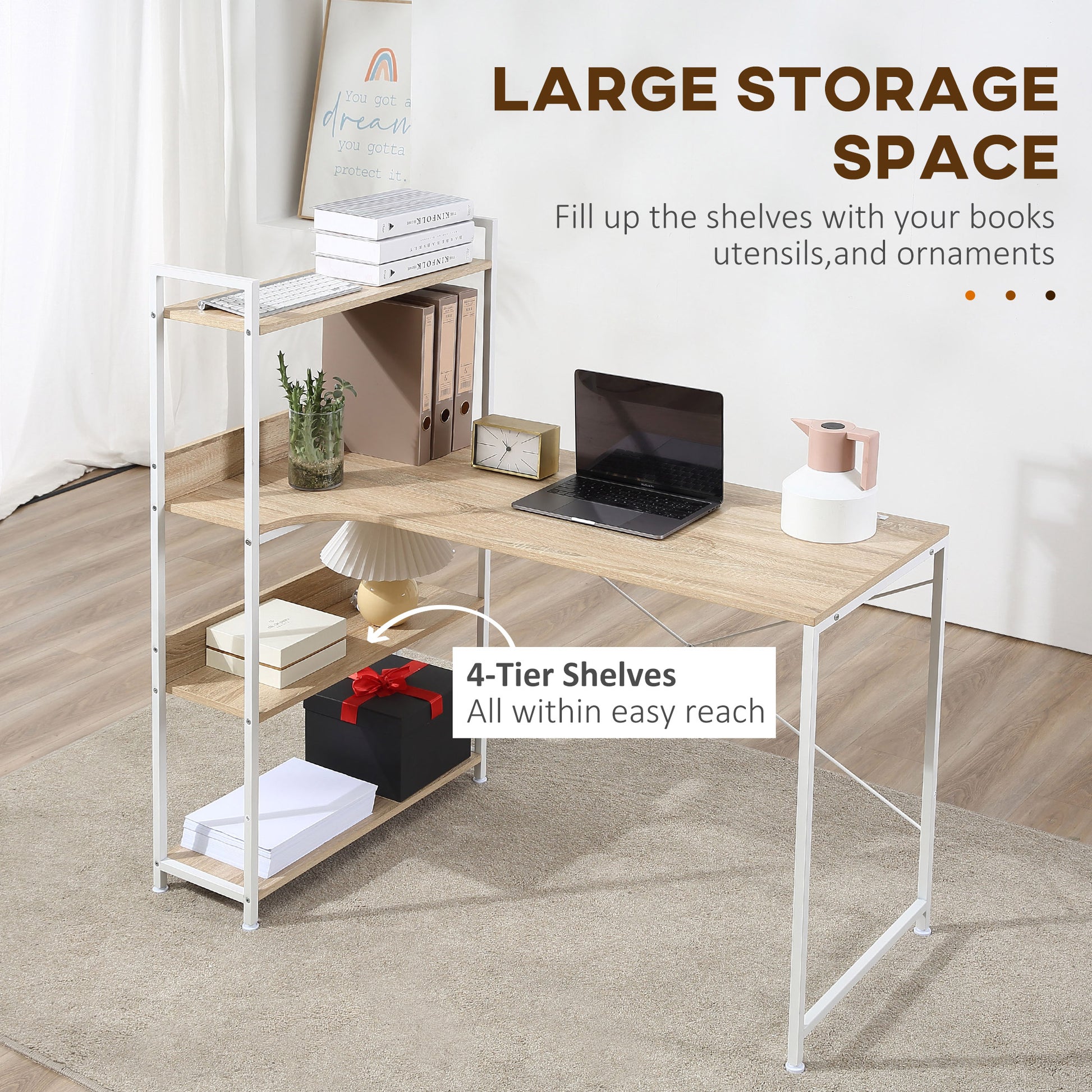 HOMCOM Retro Industrial Computer Desk Home Office Table with 4-Tier Storage Shelf Metal Frame Computer Workstation for Home Office, Oak