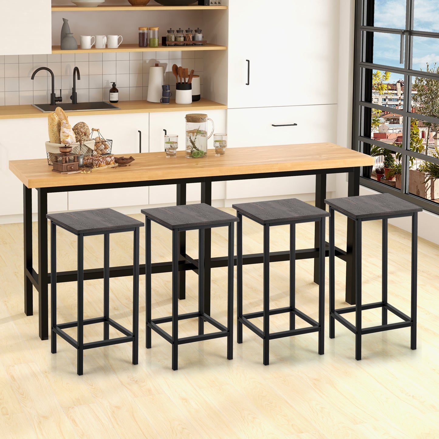 4 Pieces Industrial High Counter Backless Bar Stool Set-Dark Brown