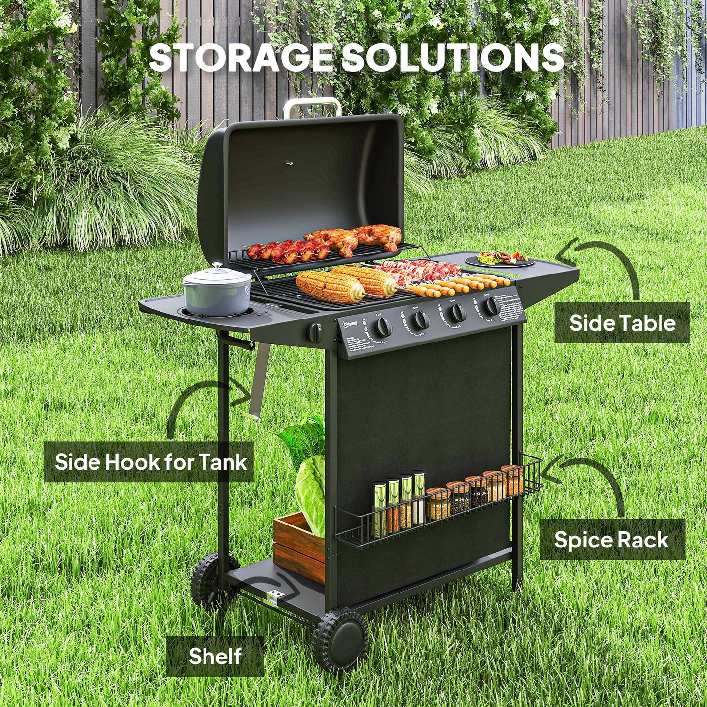 Outsunny 4+1 Burner Gas BBQ Grill, Portable Gas Barbecue Grill with Built-in Thermometer, Lid, Side Table, Shelf, Spice Rack, Wheels, Grease Cup for Garden Party Outdoor Cooking, Black