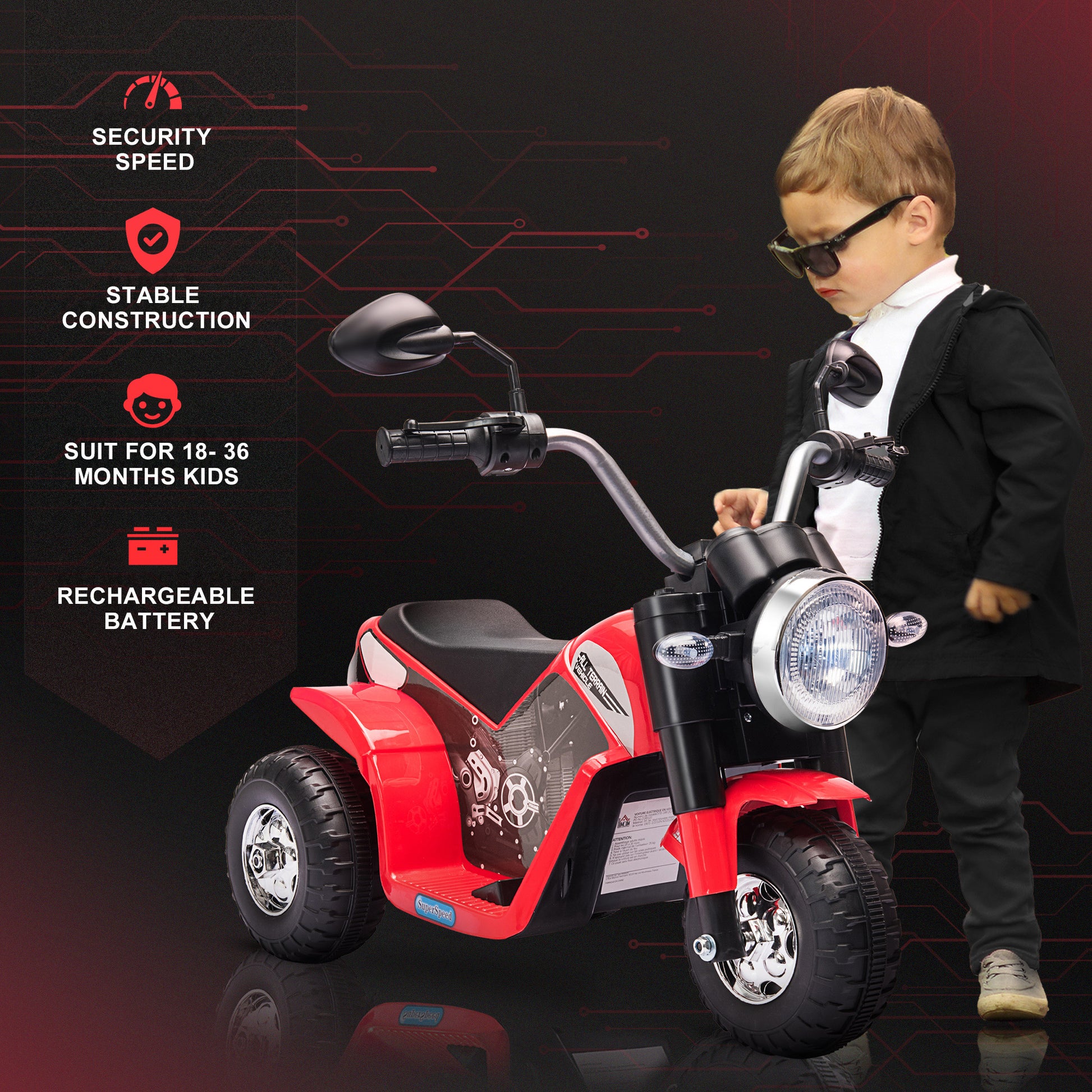 HOMCOM Kids Electric Motorcycle Ride-On Toy 3-Wheels Battery Powered Motorbike Rechargeable 6V with Horn Headlights Motorbike for 18 - 36 Months Red