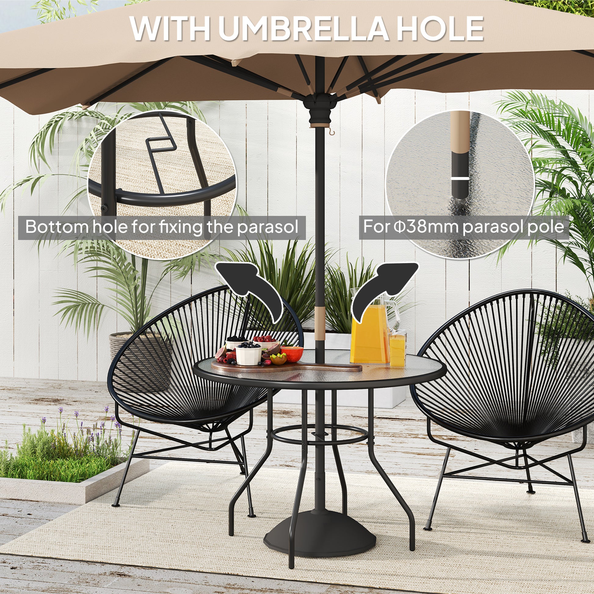 Outsunny Glass-Top Garden Table, with Parasol Hole