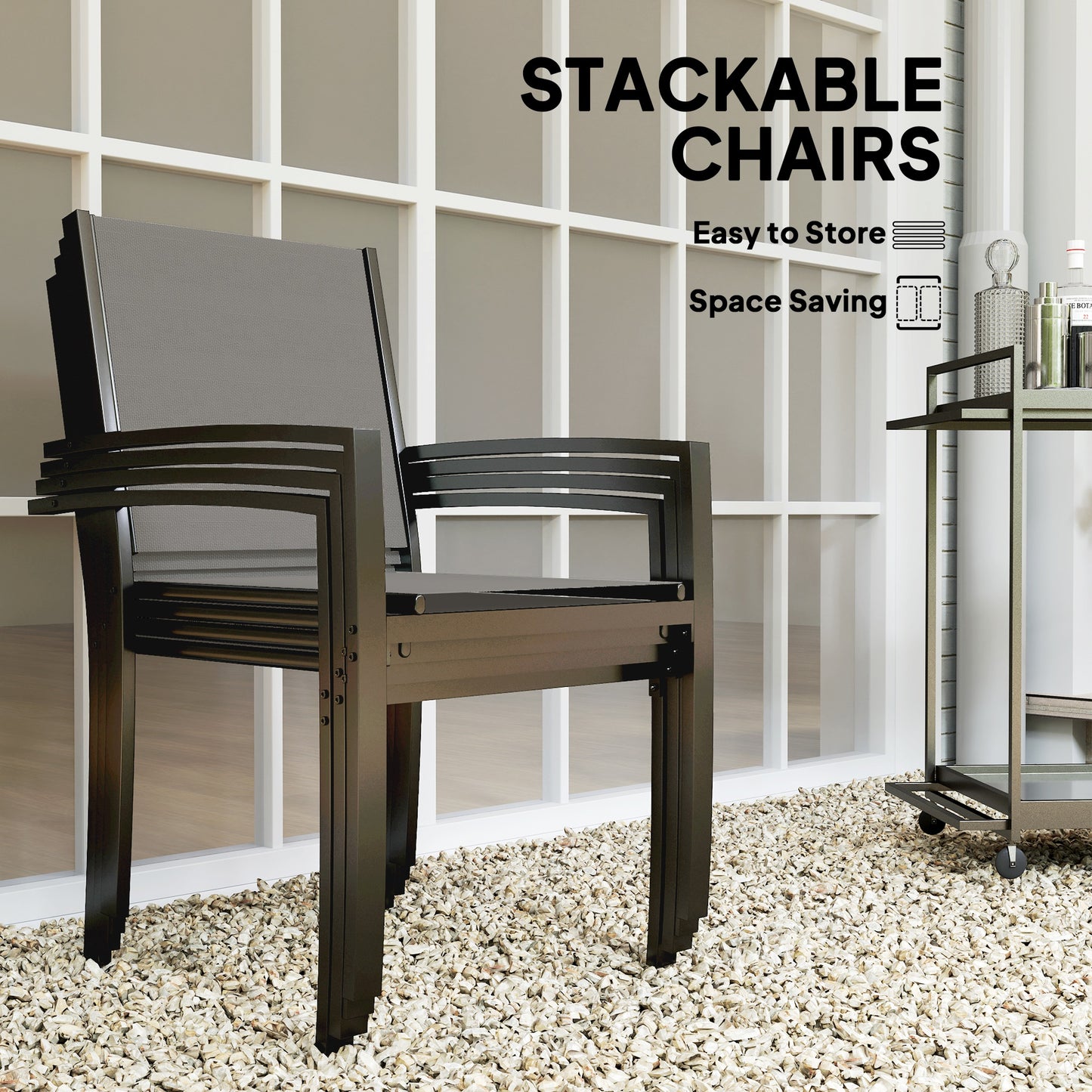 Outsunny 5 Piece Garden Furniture Set, Garden Dining Set with Round Table and 4 Stackable Chairs, Steel Frame, for Outdoor, Patio, Terraces, Dark Grey