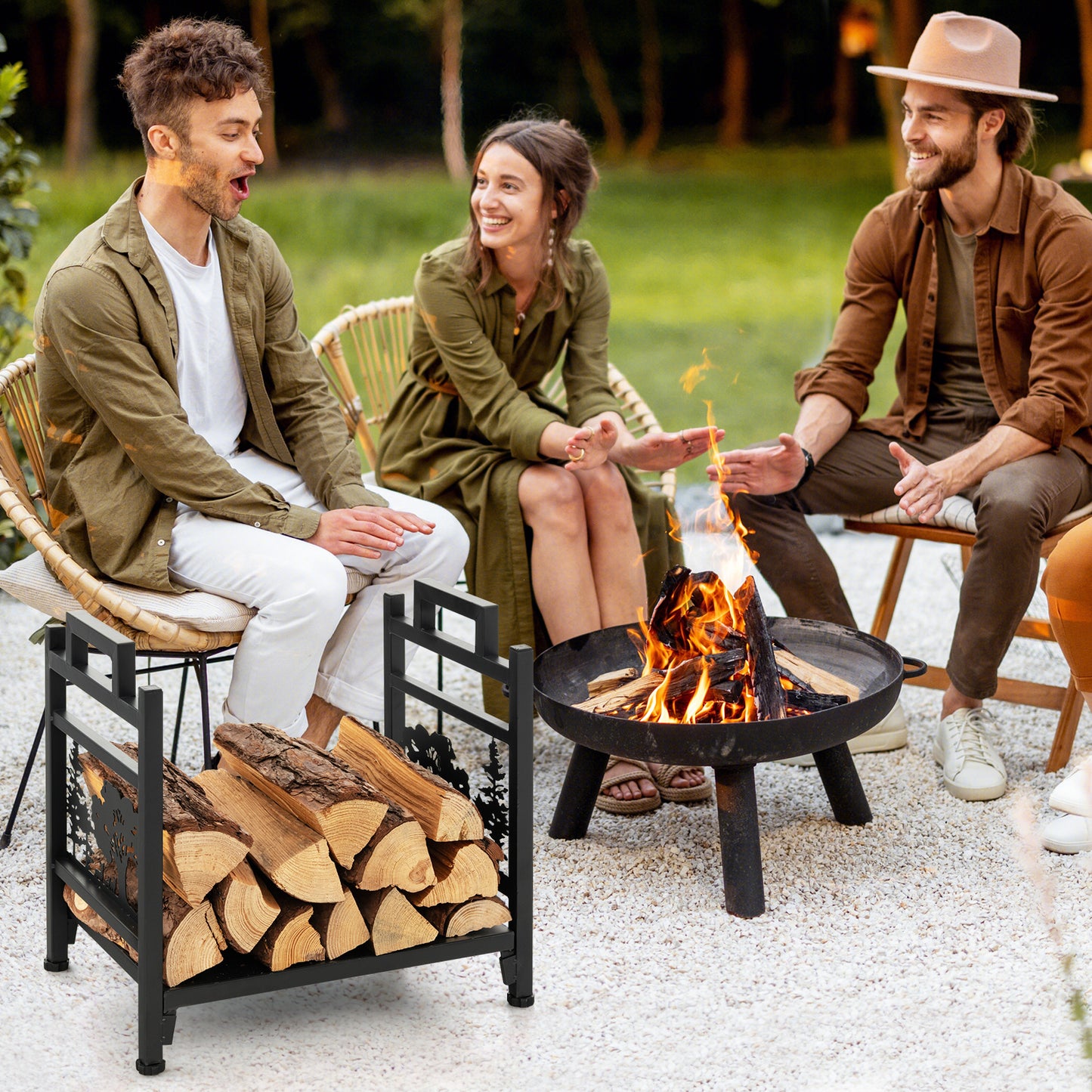 Decorative Firewood Rack with Side Handles and Adjustable Footpads