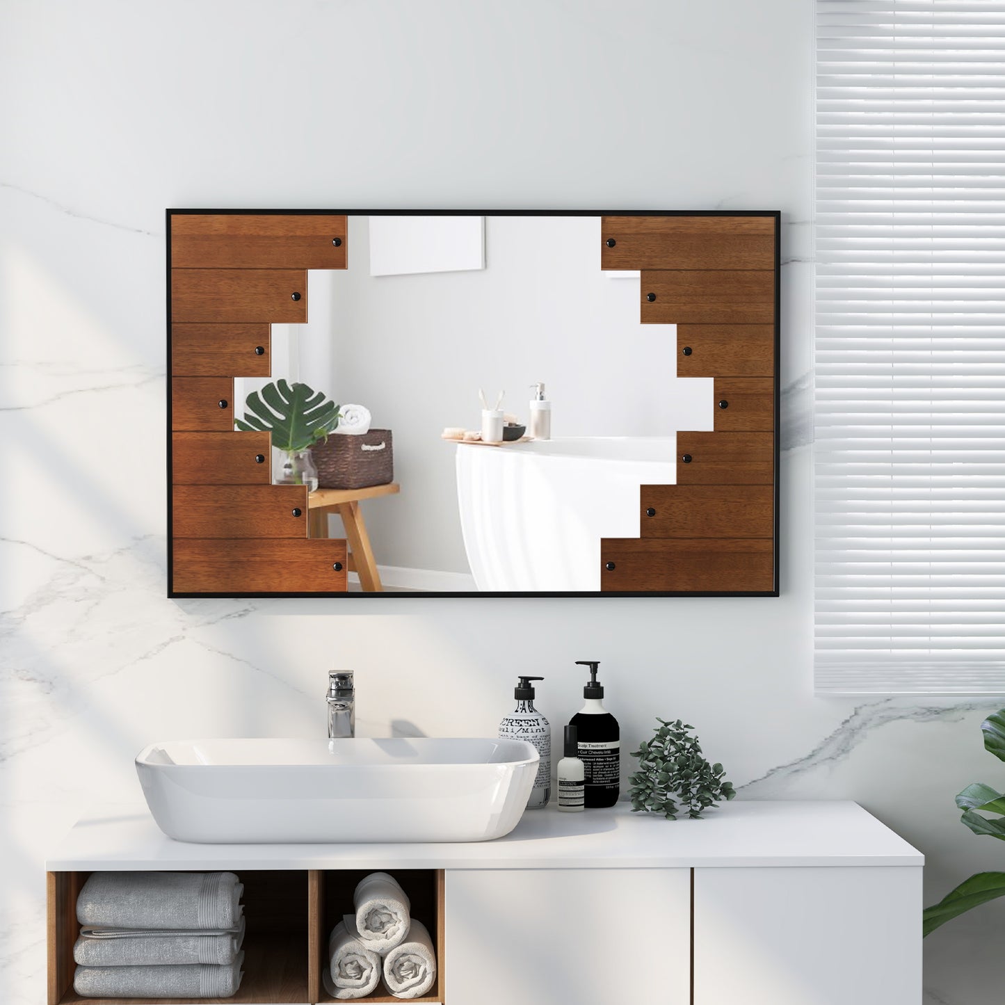 Decorative Rectangle Wall Mirror with Piano Key-Shaped Frame-Black