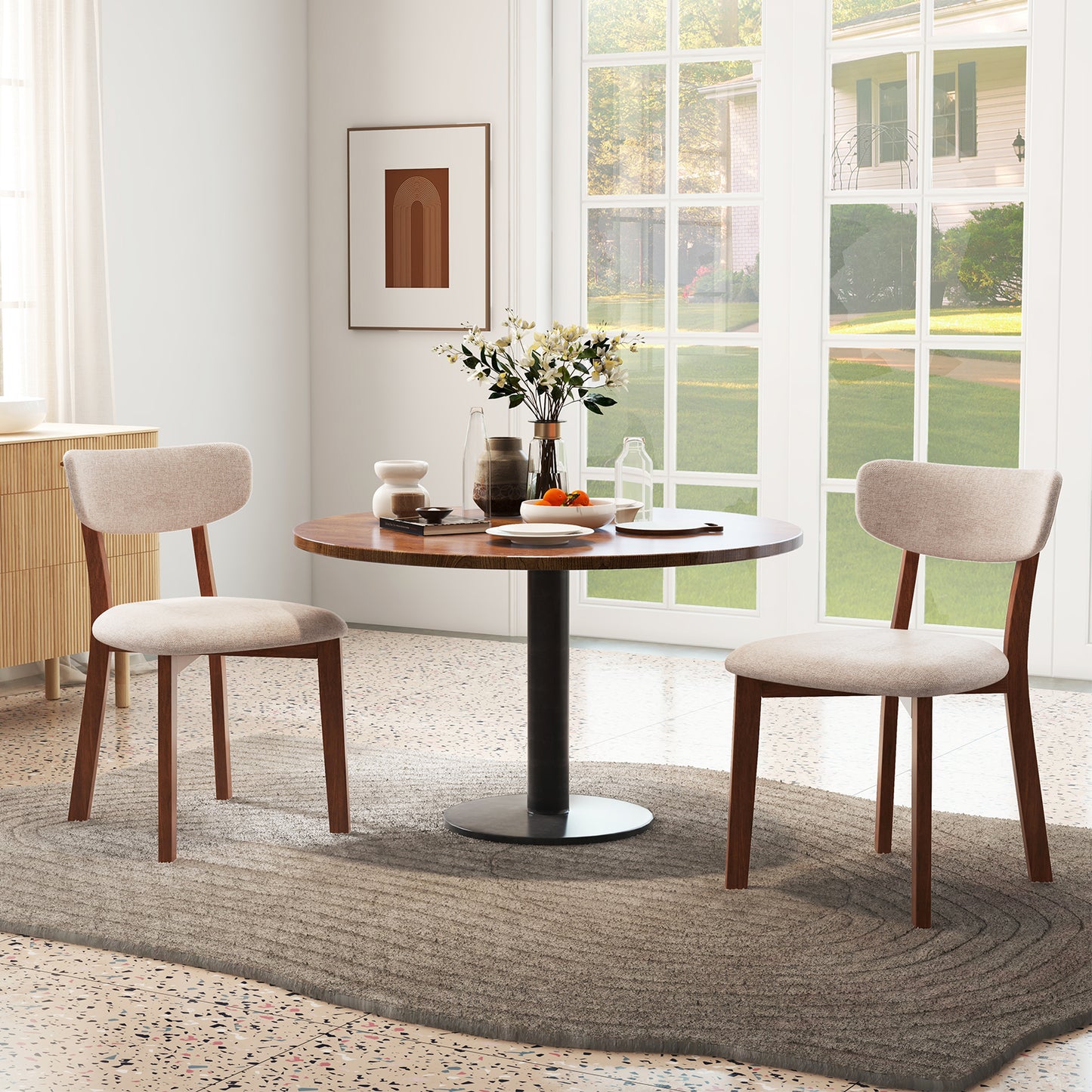 Upholstered Mid-Back Chairs with Solid Rubber Wood Frame-Beige