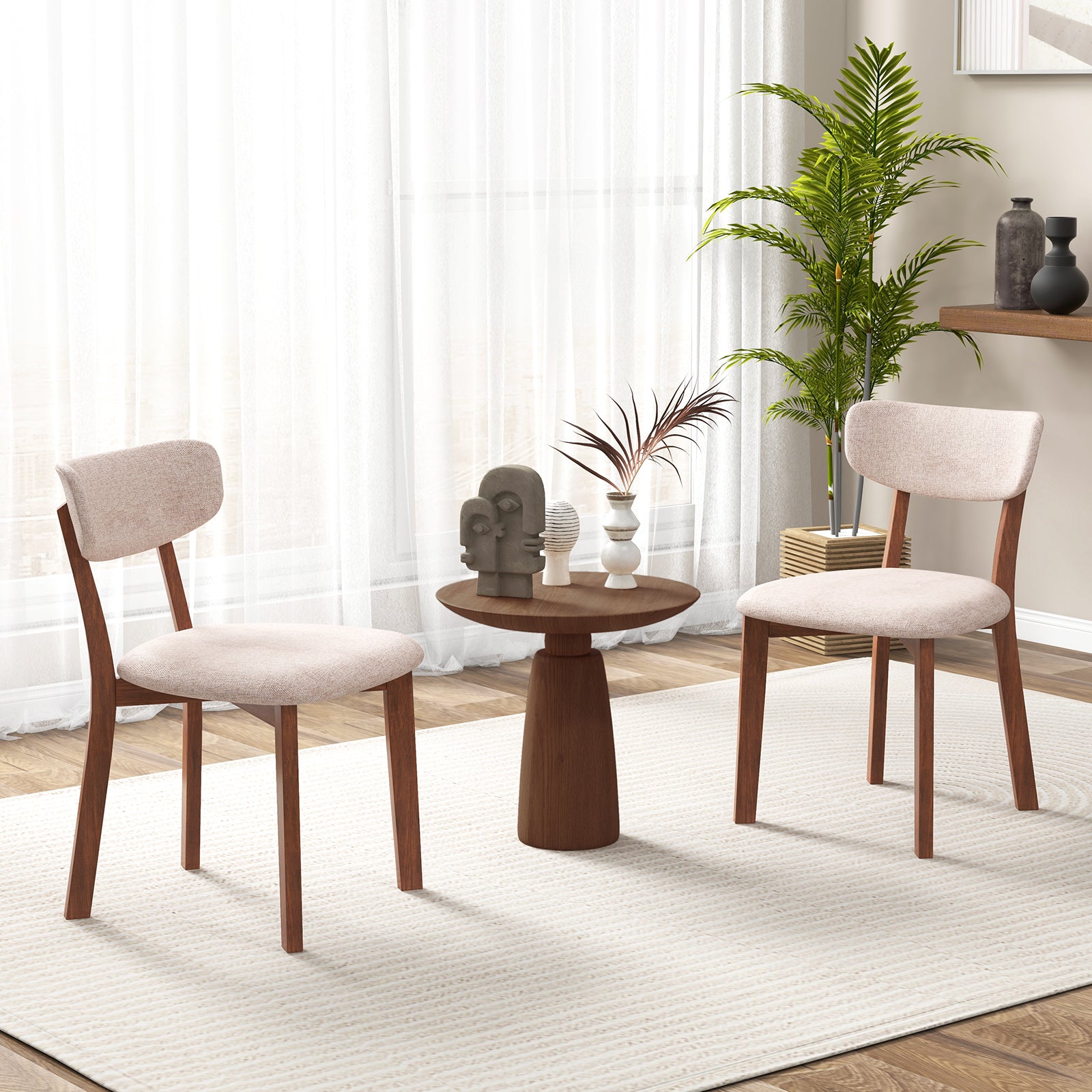 Upholstered Mid-Back Chairs with Solid Rubber Wood Frame-Beige
