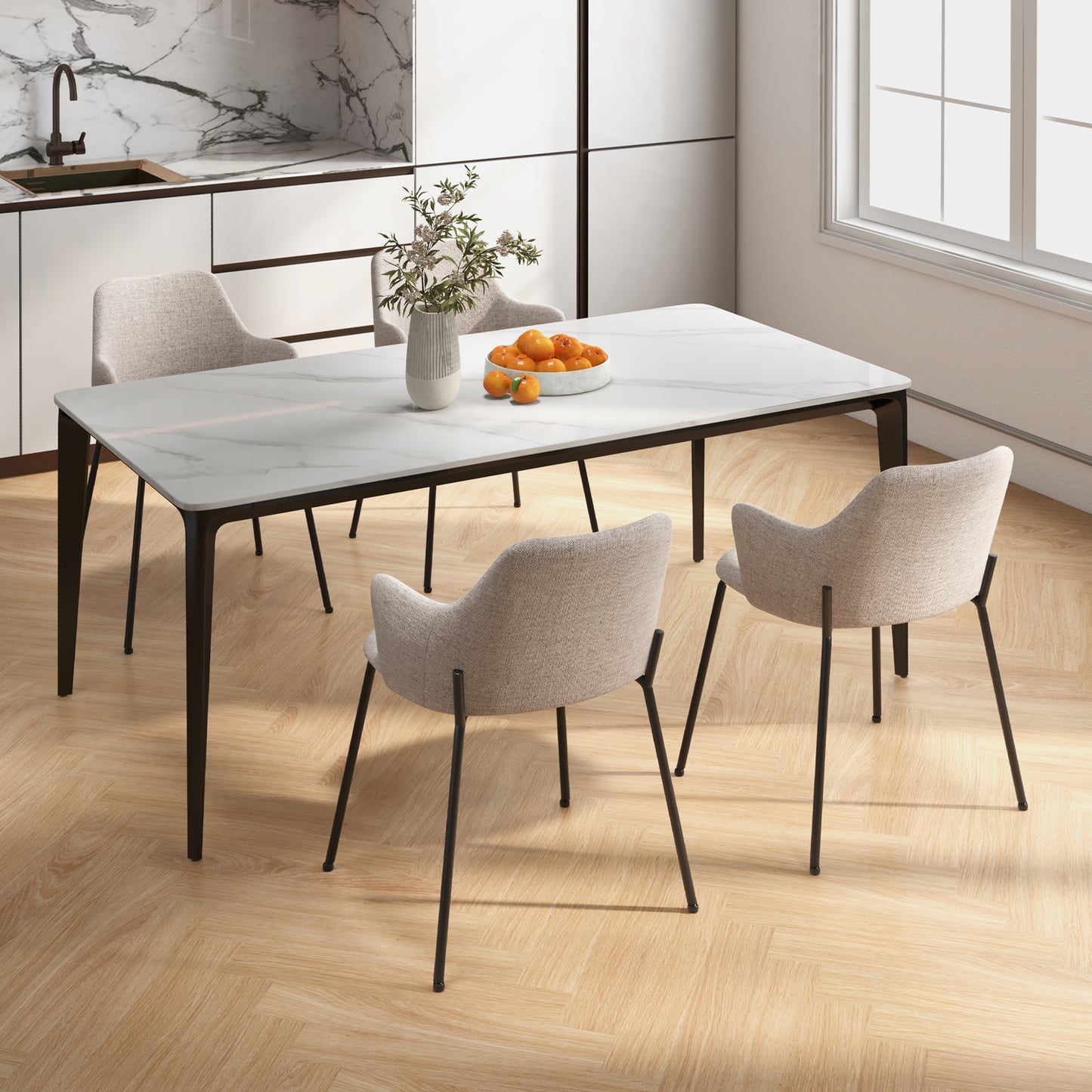 Dining Chairs Set of 2 Upholstered Accent Chairs with Curved Backrest-Beige