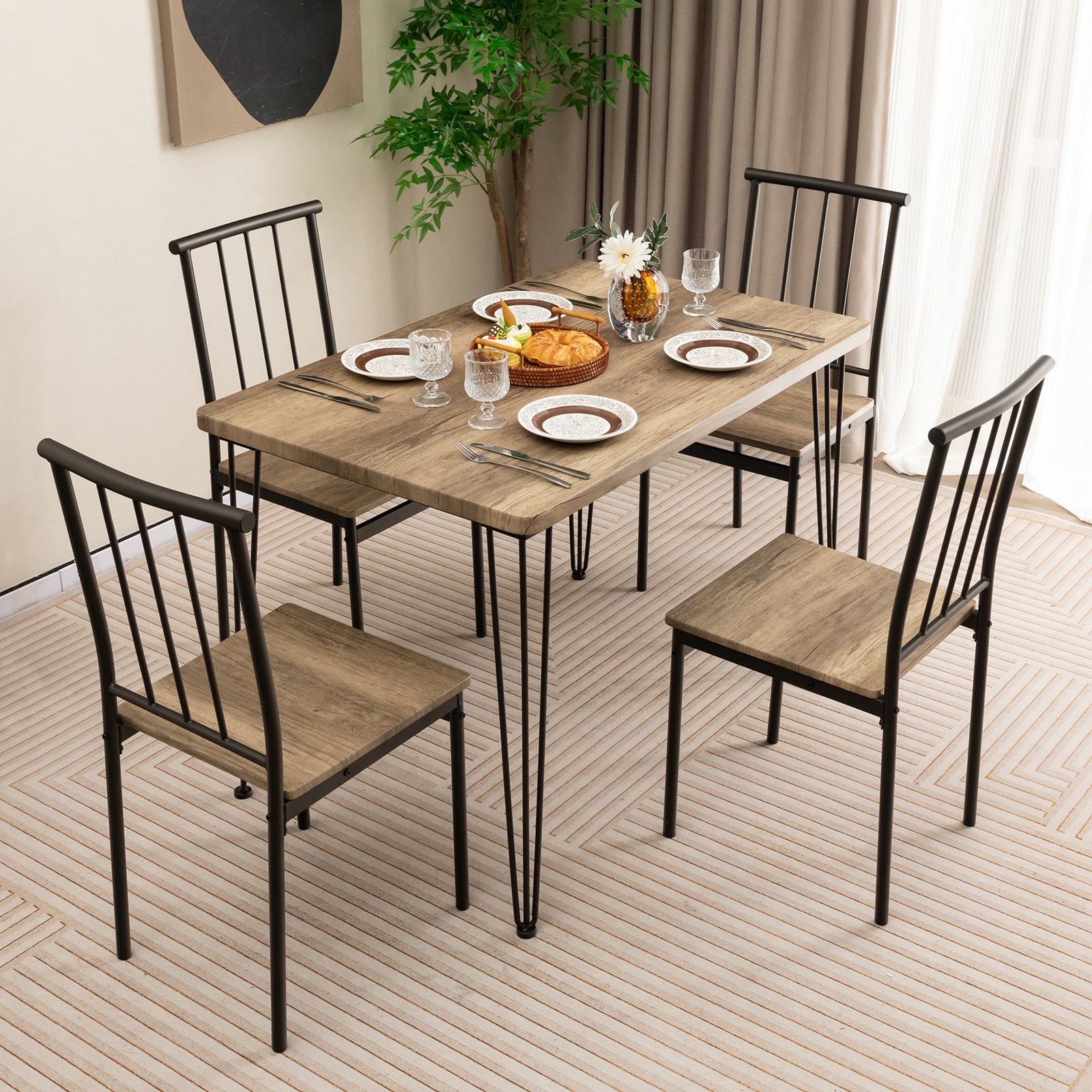 5-Piece Dining Table Set for 4 with Metal Frame for Home Restaurant-Natural