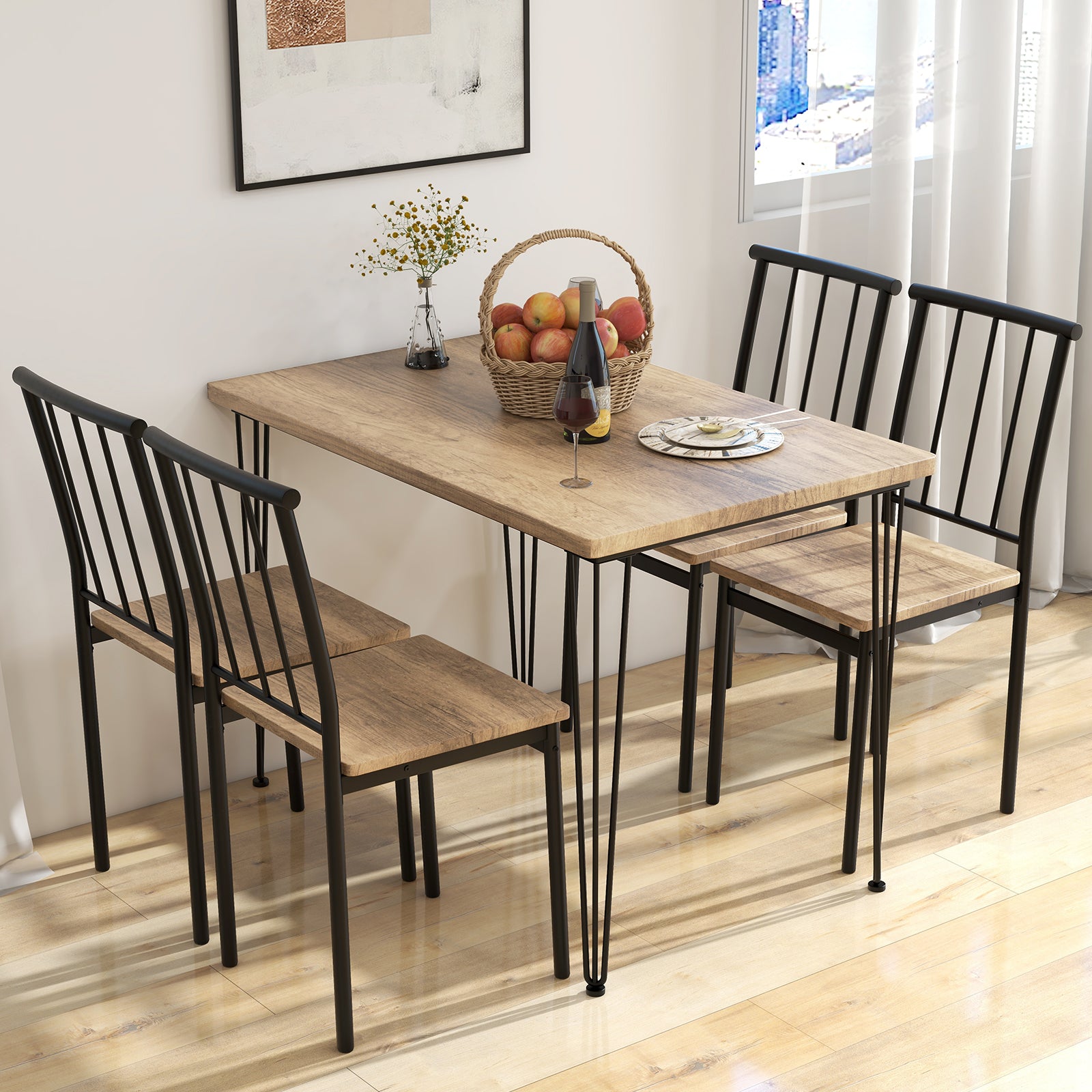5-Piece Dining Table Set for 4 with Metal Frame for Home Restaurant-Natural