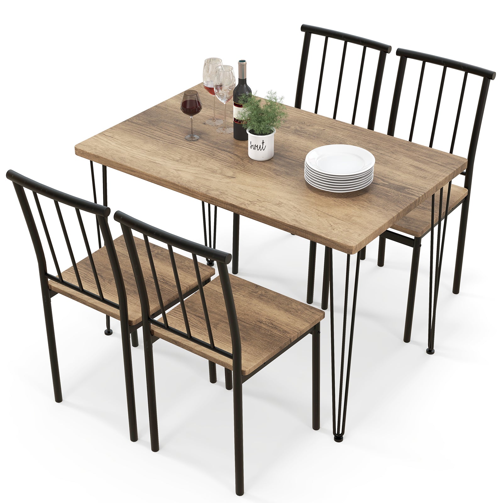 5-Piece Dining Table Set for 4 with Metal Frame for Home Restaurant-Natural