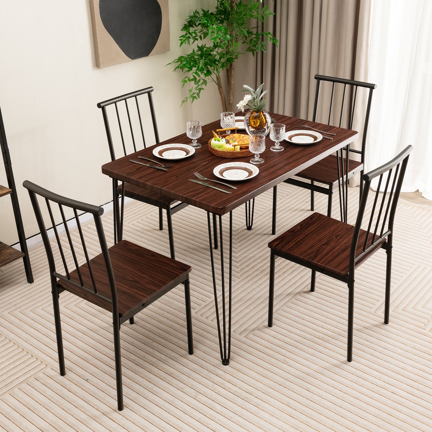 5-Piece Dining Table Set for 4 with Metal Frame for Home Restaurant-Walnut