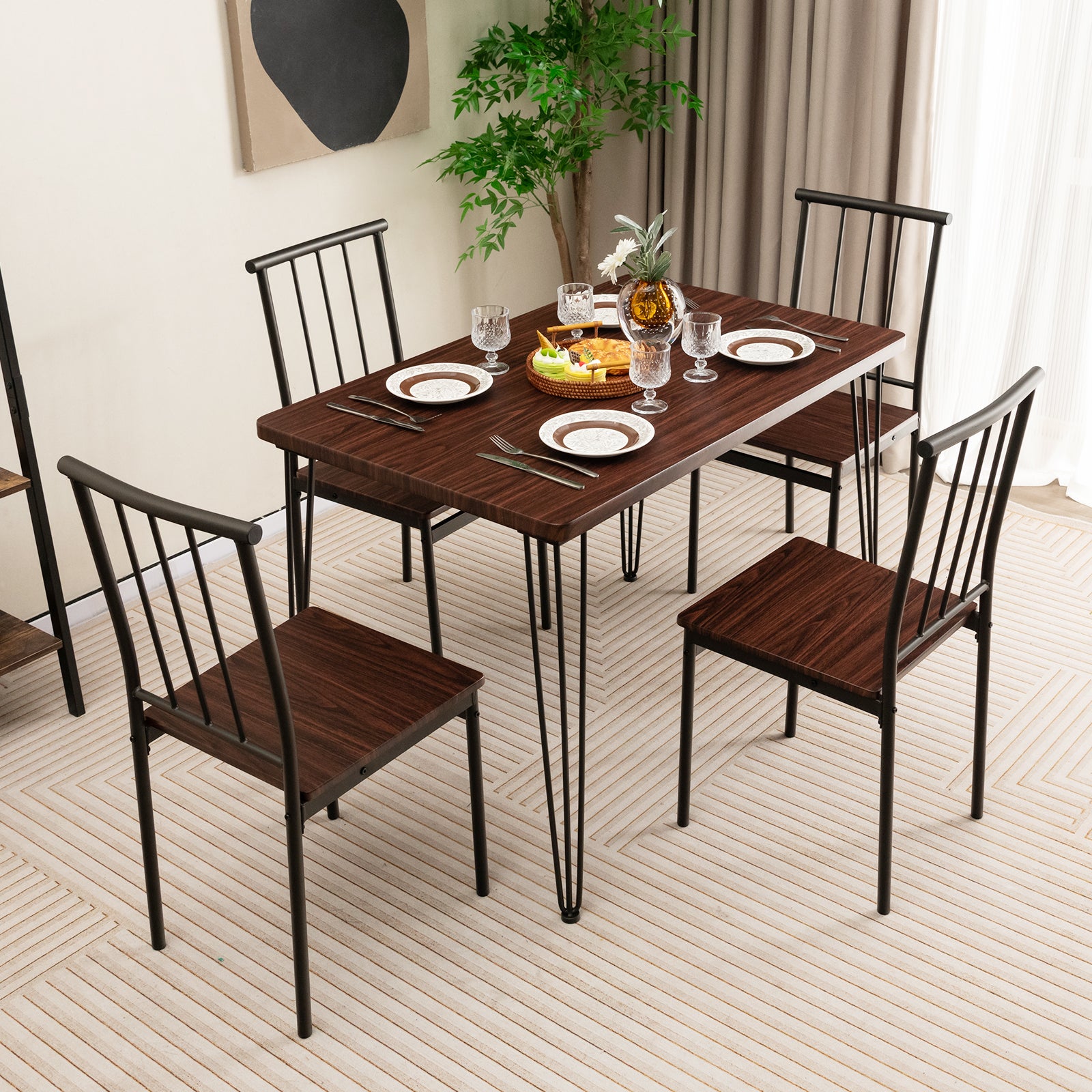 5-Piece Dining Table Set for 4 with Metal Frame for Home Restaurant-Walnut