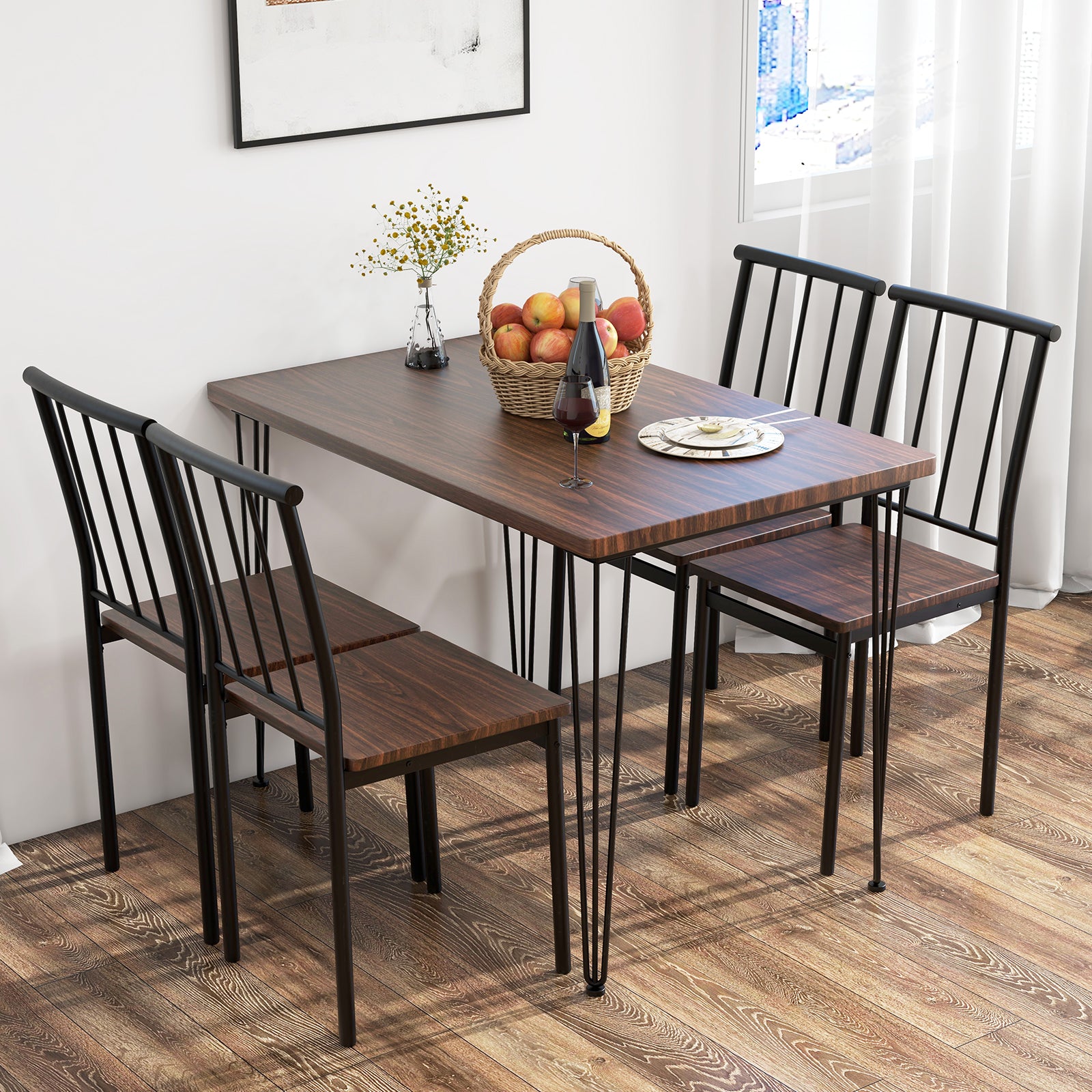 5-Piece Dining Table Set for 4 with Metal Frame for Home Restaurant-Walnut