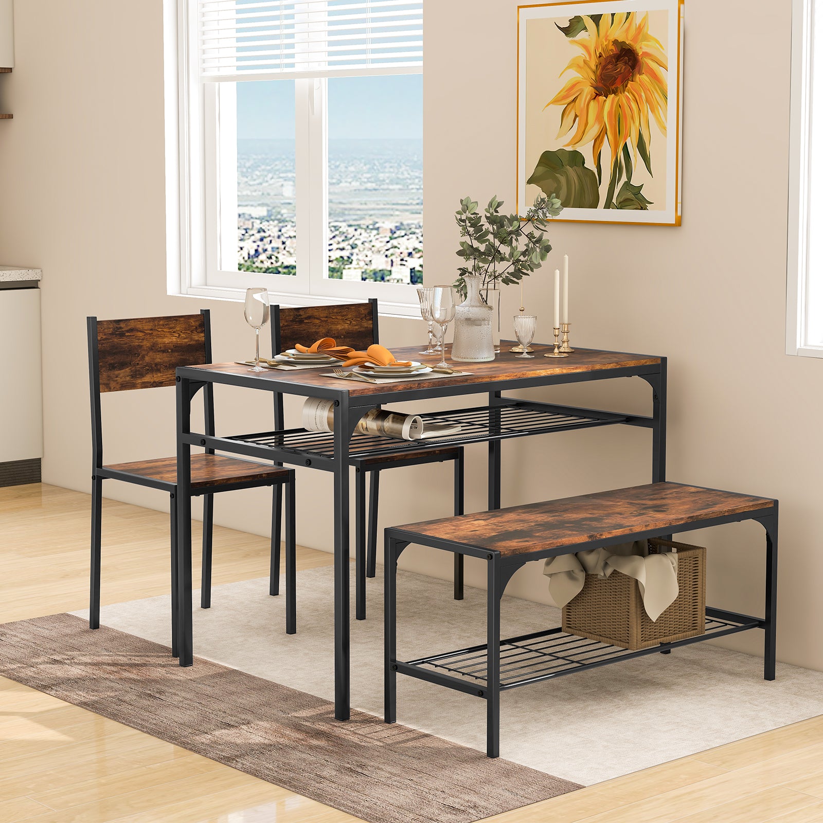 Dining Table Set for 4 with Storage Racks and Metal Frame-Rustic Brown ...
