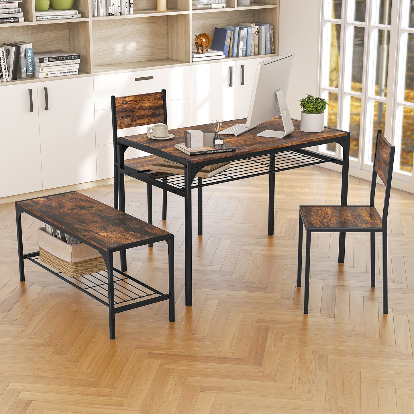 Dining Table Set for 4 with Storage Racks and Metal Frame-Rustic Brown