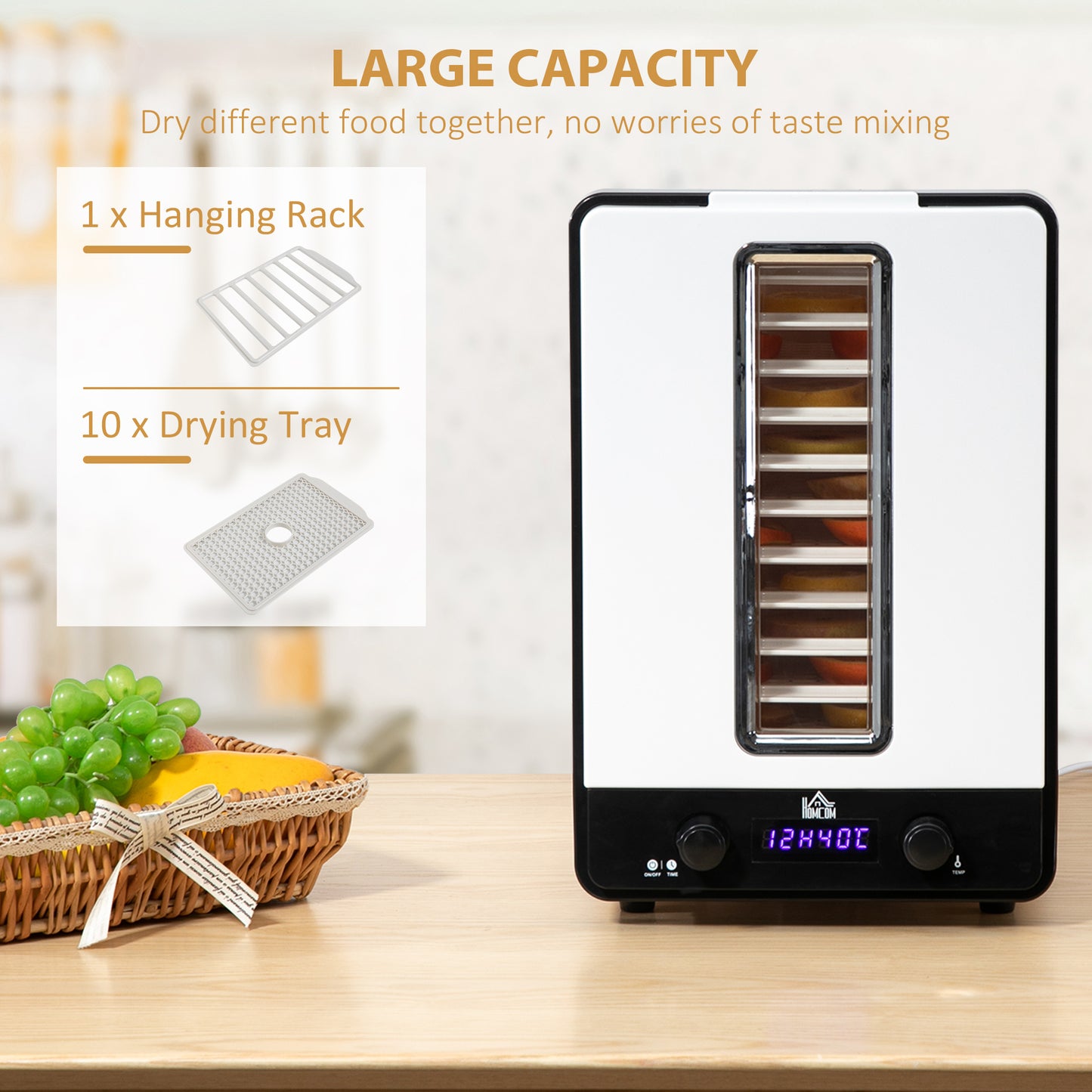 HOMCOM 11 Tier Food Dehydrator, 550W Food Dryer Machine with Adjustable Temperature, Timer and LCD Display for Drying Fruit, Meat, Vegetable, White