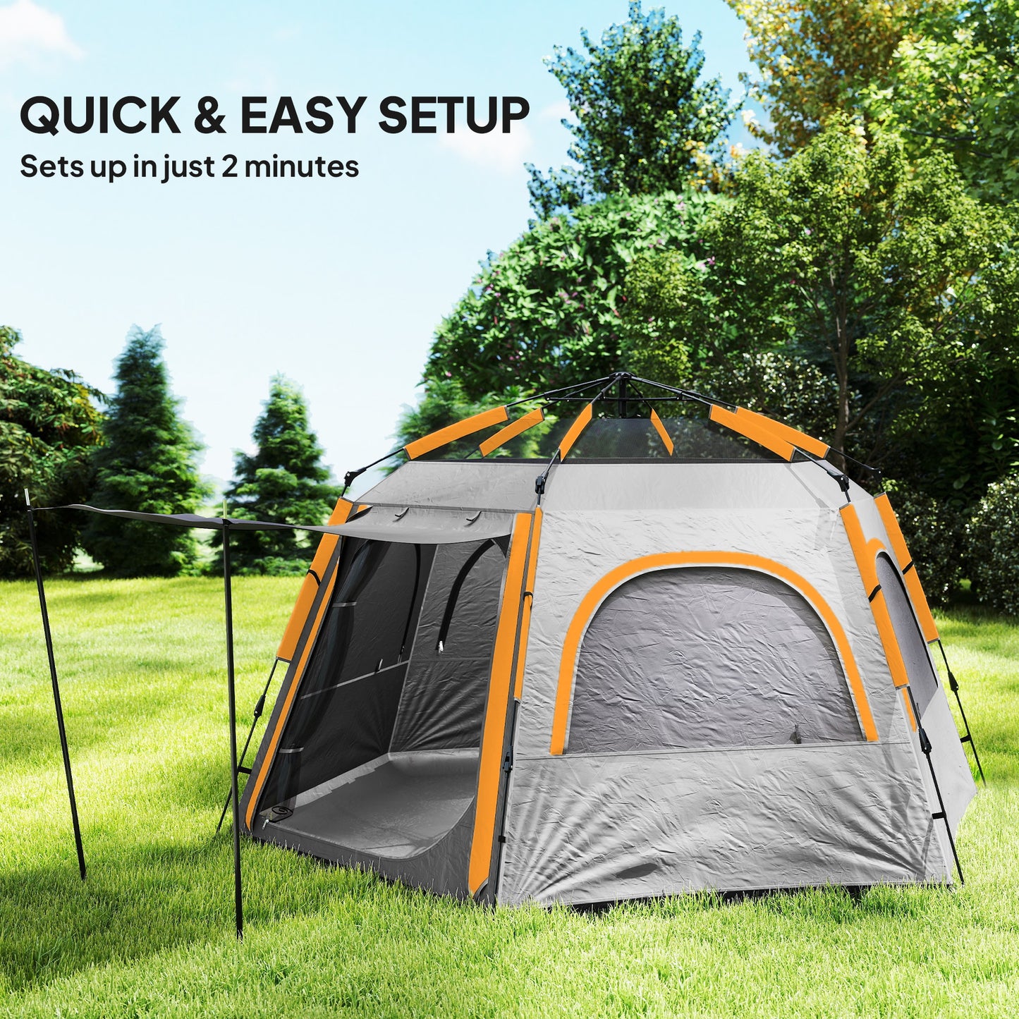Outsunny Instant Camping Tent, 2/3/4 Person Easy Setup Dome Family Tent with Vestibule, Rainfly, 4 Mesh Windows & 2 Doors, Hexagonal Design, Waterproof & UV Protected, Light Grey