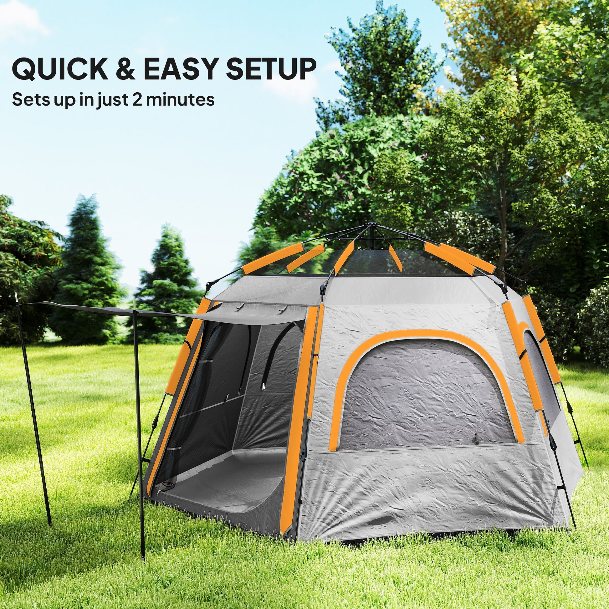 Outsunny Instant Camping Tent, 2/3/4 Person Easy Setup Dome Family Tent with Vestibule, Rainfly, 4 Mesh Windows & 2 Doors, Hexagonal Design, Waterproof & UV Protected, Light Grey