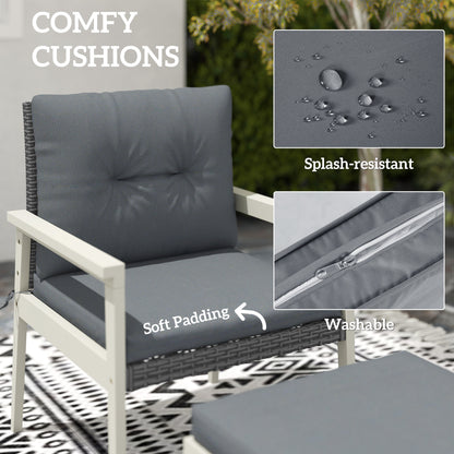 Outsunny 5 Pieces Rattan Garden Furniture Set, Patio Conversation Set with Cushions, Acacia Wood Top Coffee Table and Footstools, Outdoor Table and Chairs for Balcony, Terrace and Conservatory, Grey