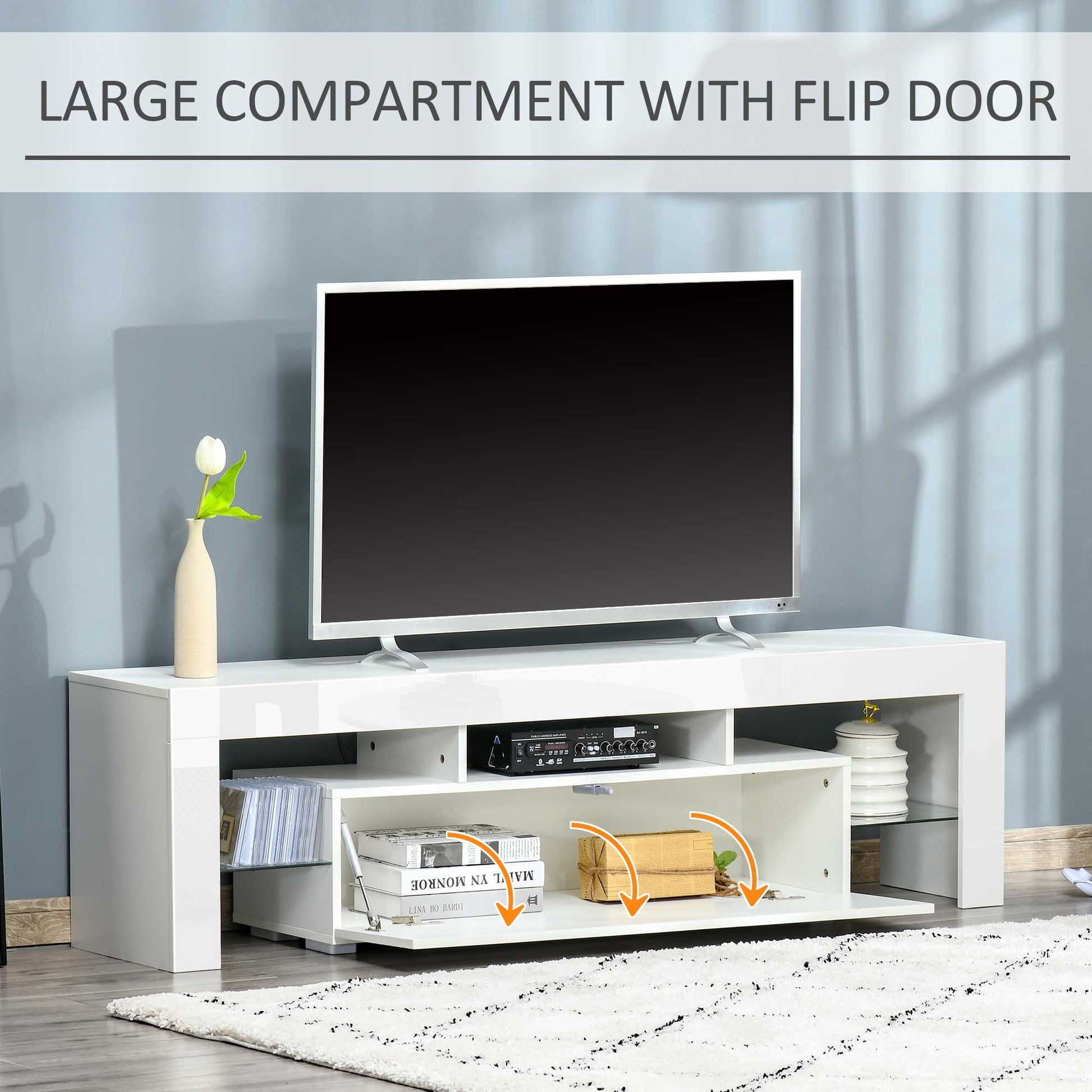 HOMCOM High Gloss TV Stand Cabinet with LED RGB Lights and Remote Control for TVs up to 65", Media TV Console Table with Storage Compartment, White
