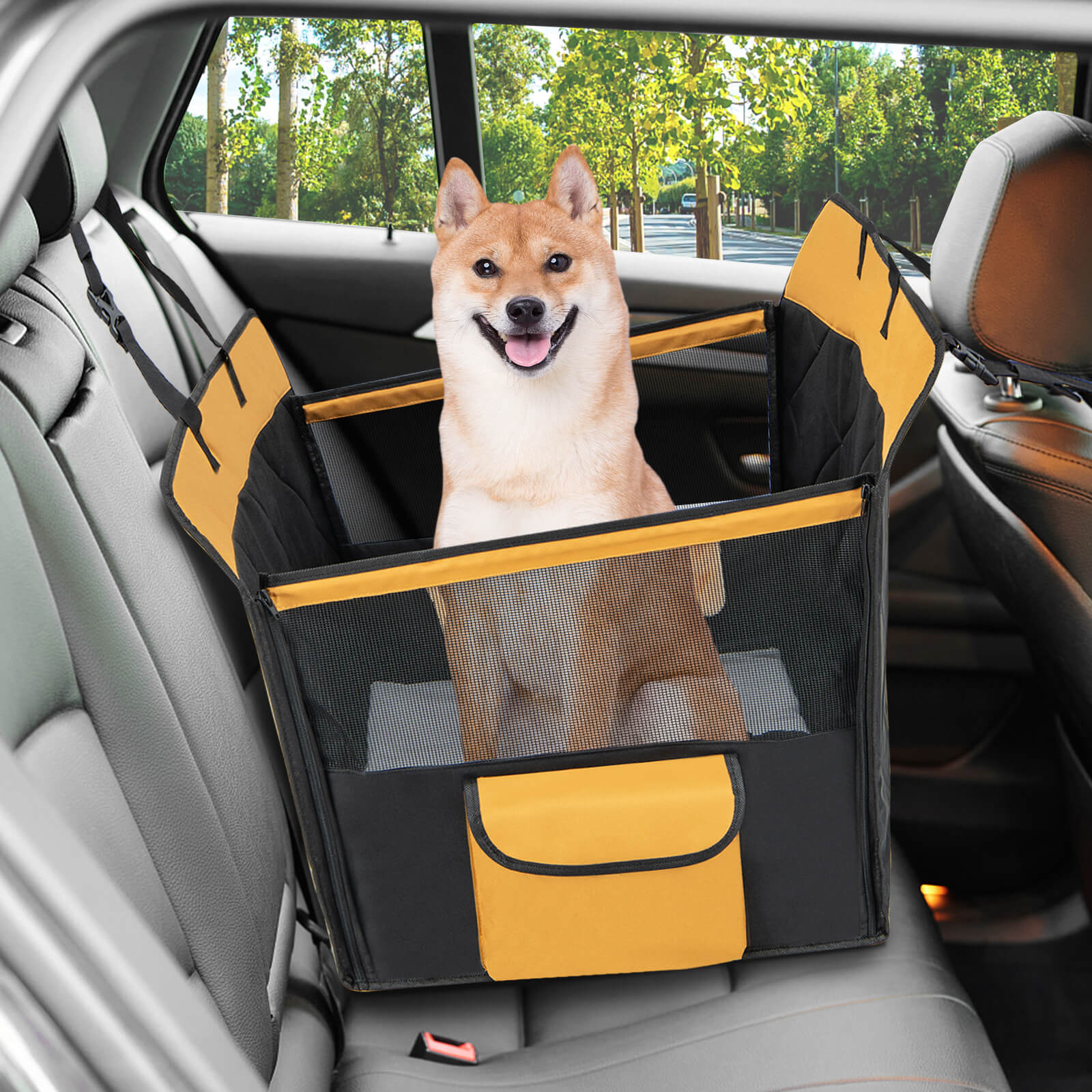 Dog Car Seat Cover with Safety Belt for Small and Medium Dogs-Black