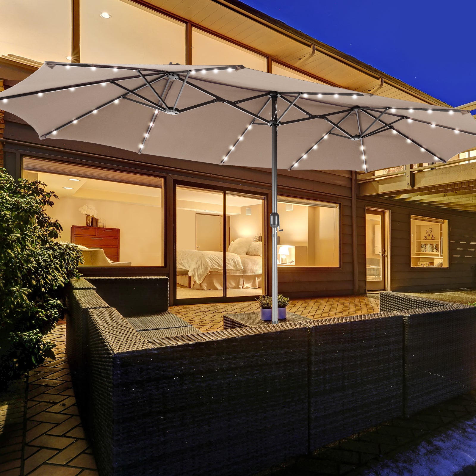 450cm Double-Sided Patio Umbrella with Solar Lights -Coffee