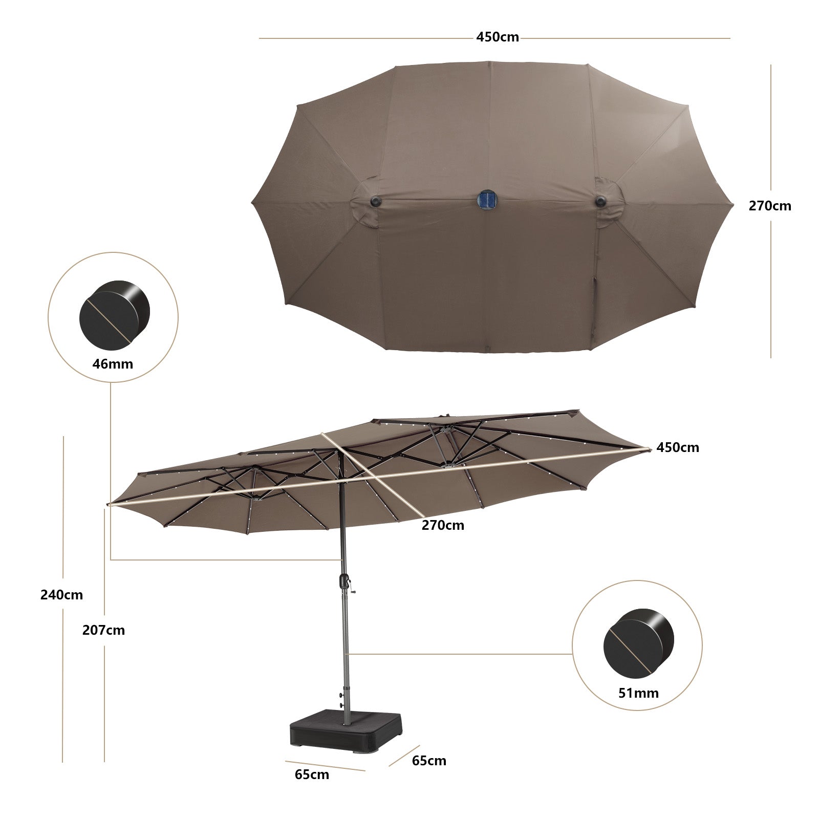 450cm Double-Sided Patio Umbrella with Solar Lights -Coffee