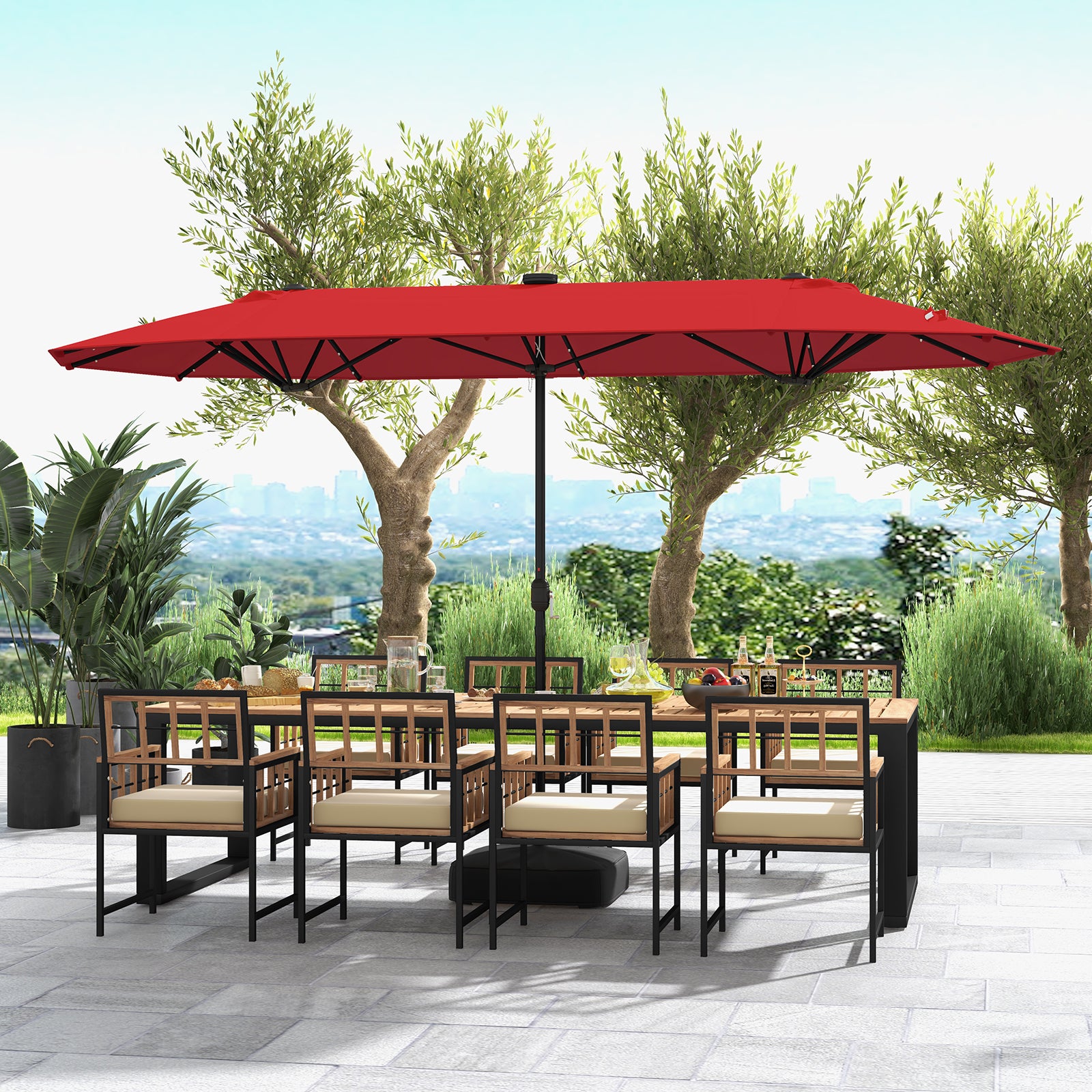 400cm Double-sided Patio Umbrella with Solar Lights-Wine