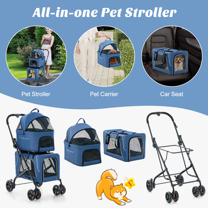 Foldable Double Pet Stroller with Detachable Carriers-Blue