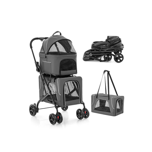 Foldable Double Pet Stroller with Detachable Carriers-Grey