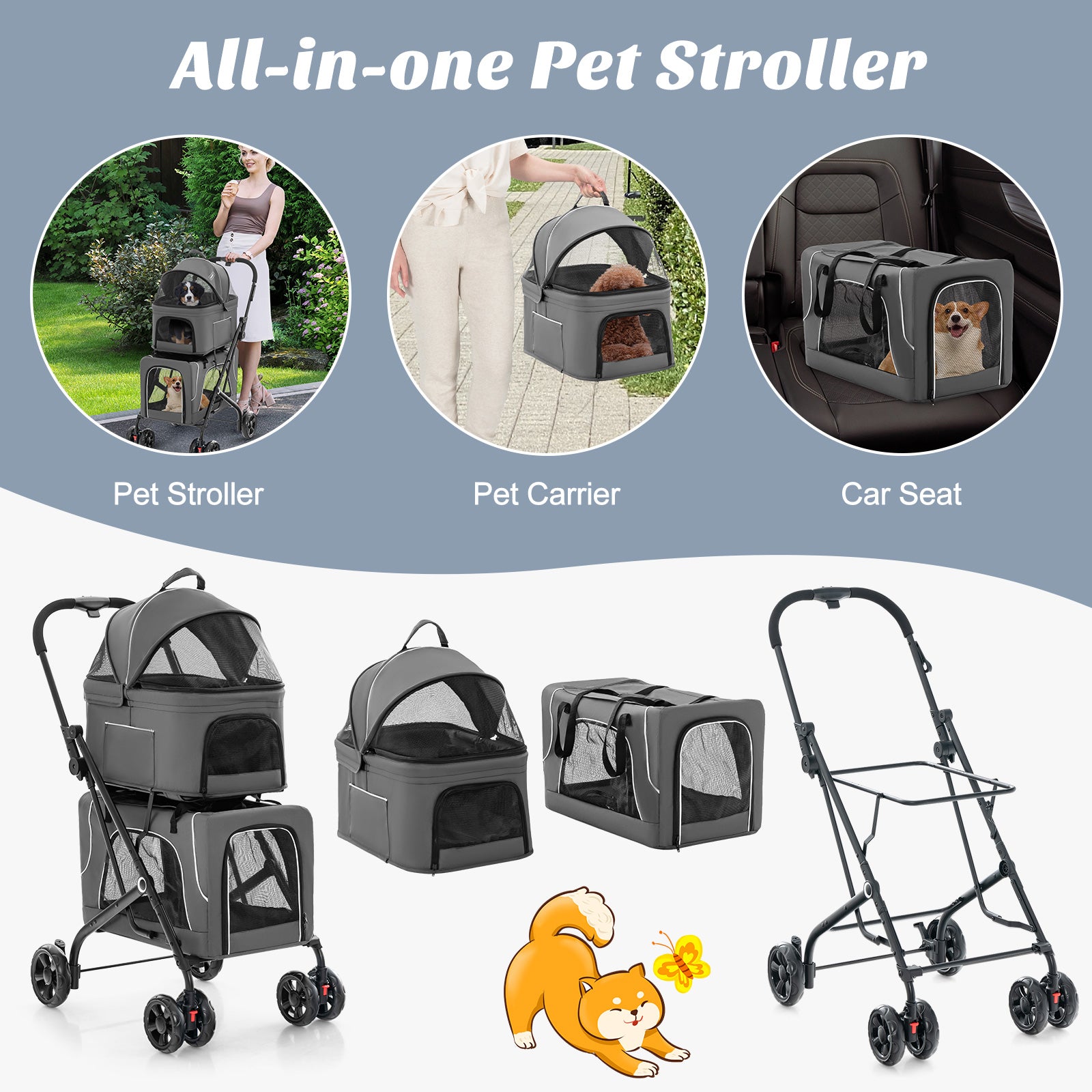 double pet stroller uk Foldable Double Pet Stroller with Detachable Carriers-Grey – GardenArch