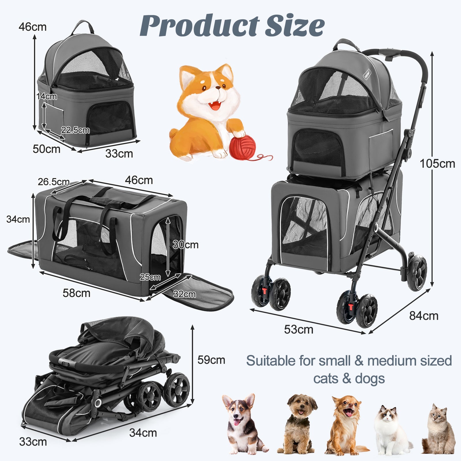 double pet stroller uk Foldable Double Pet Stroller with Detachable Carriers-Grey – GardenArch
