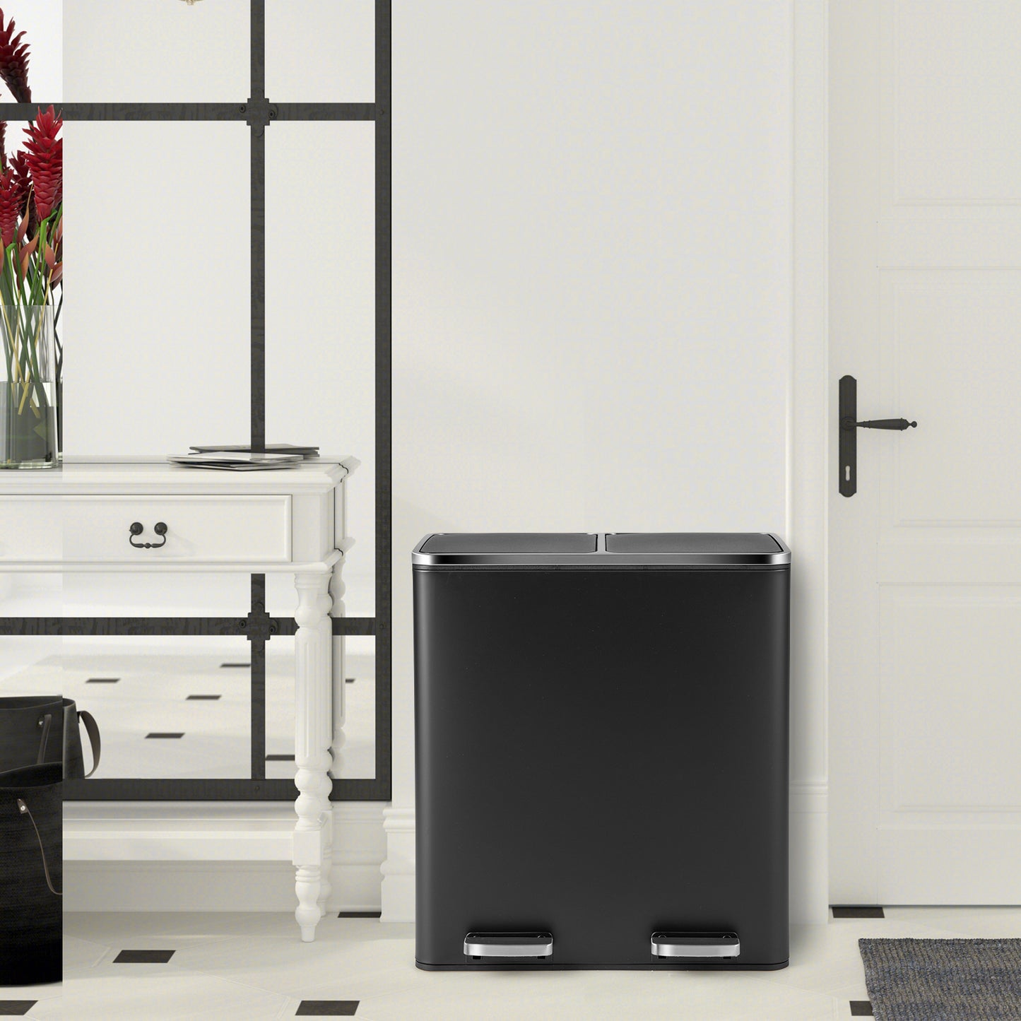 Double Recycle Pedal Bin wth Dual Removable Compartments-Black