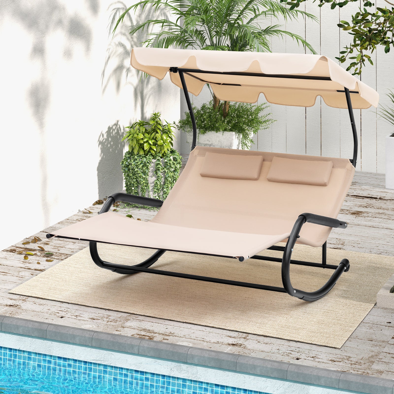 Patio 2-Person Rocking Sun Lounger with Sun Shade and Wheels-Beige