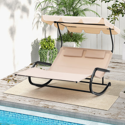 Patio 2-Person Rocking Sun Lounger with Sun Shade and Wheels-Beige
