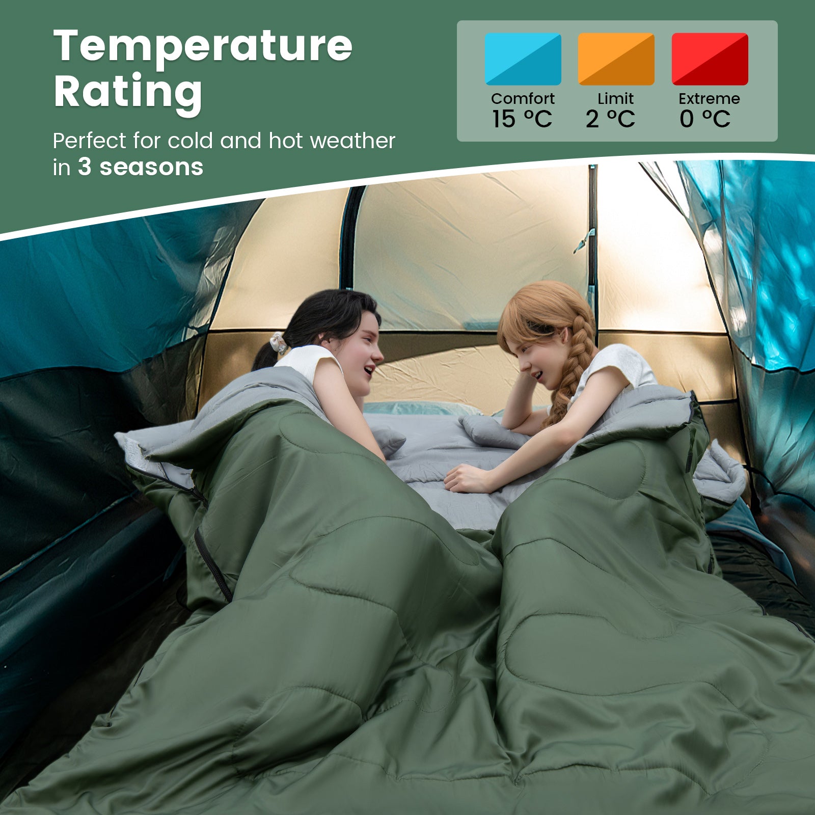 Double Sleeping Bag Extra Large Waterproof with Carrying Bag-Green