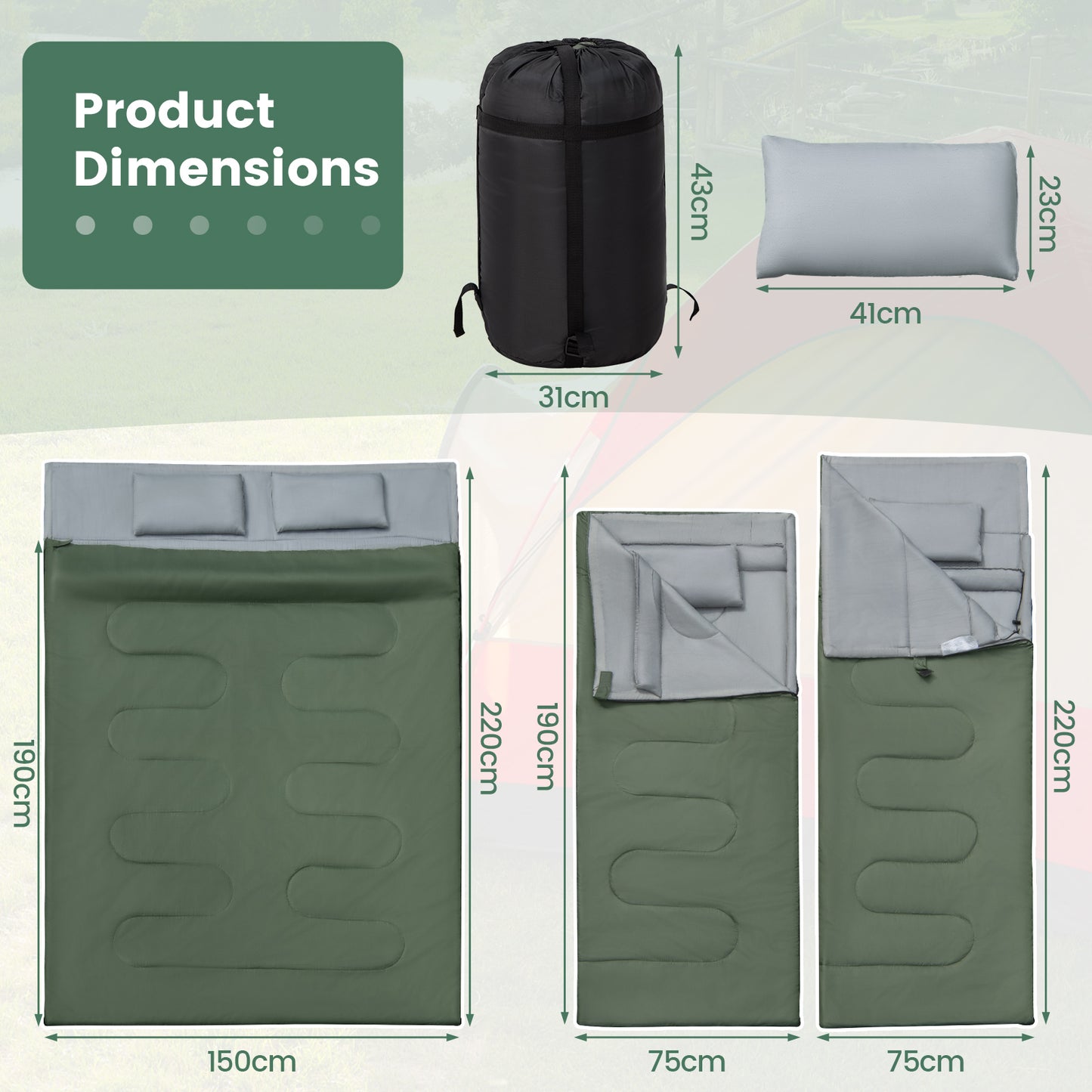 Double Sleeping Bag Extra Large Waterproof with Carrying Bag-Green