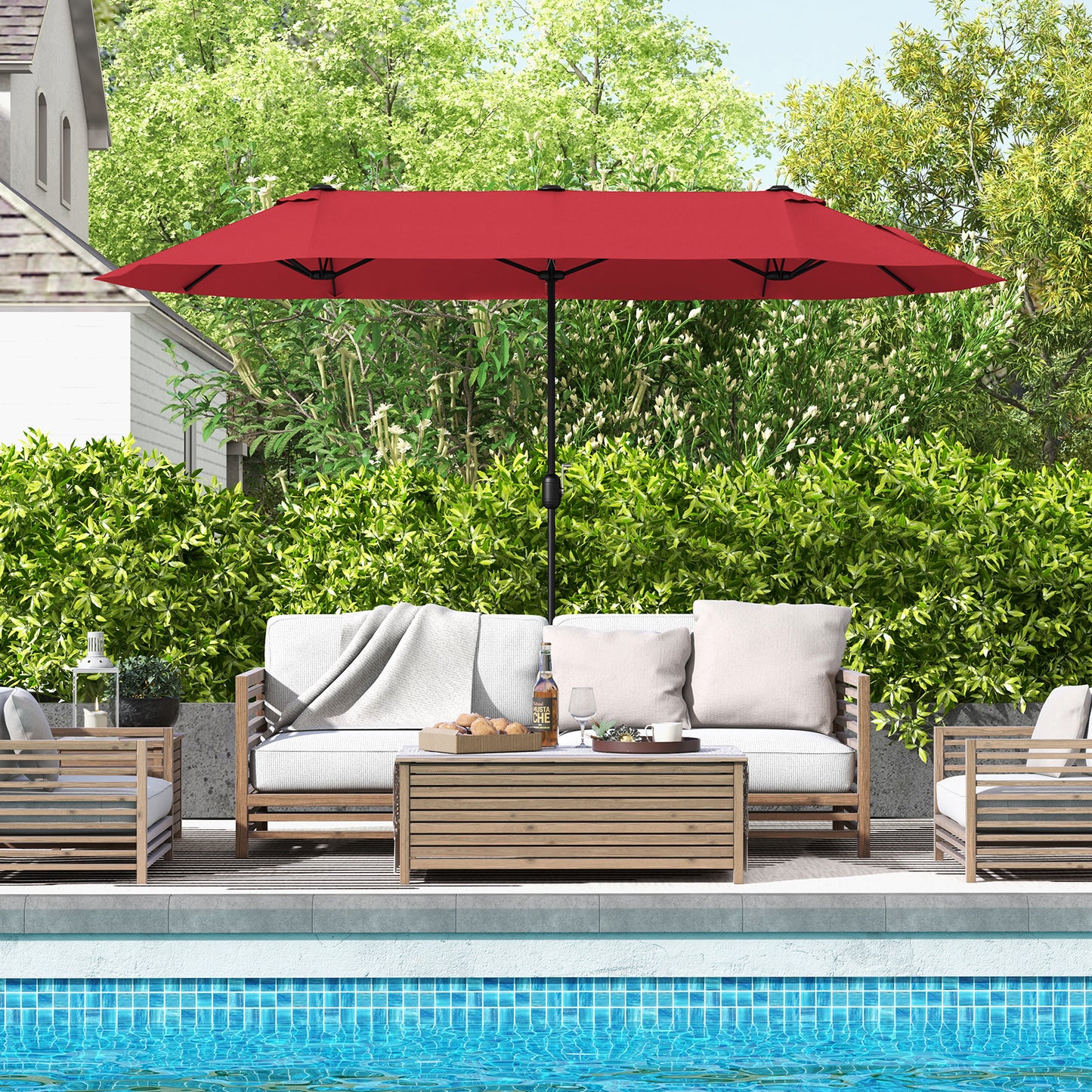 4m Double-sided Patio Umbrella with Crank Handle for Garden Pool Backyard-Wine