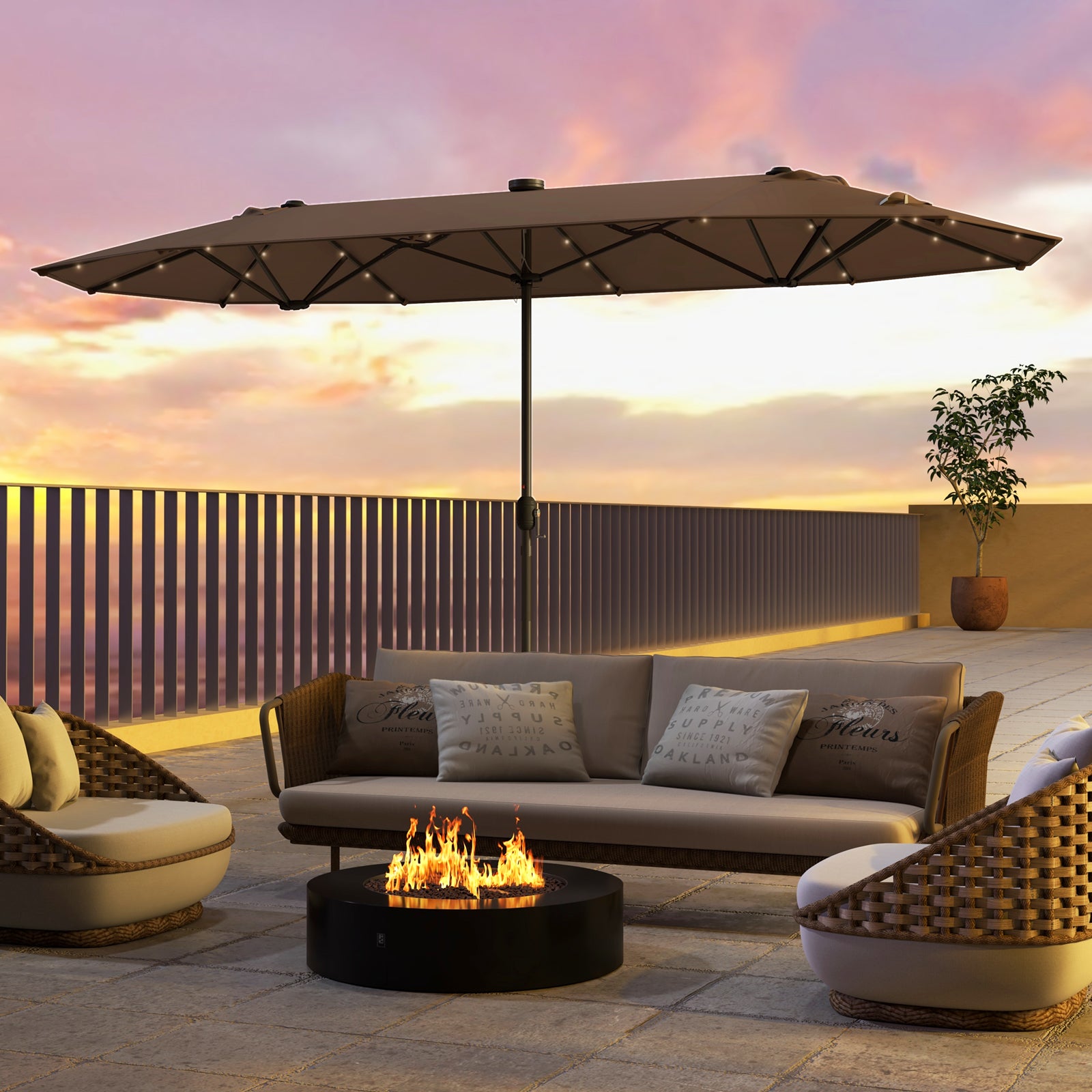 400cm Double-sided Patio Umbrella with Solar Lights-Tan