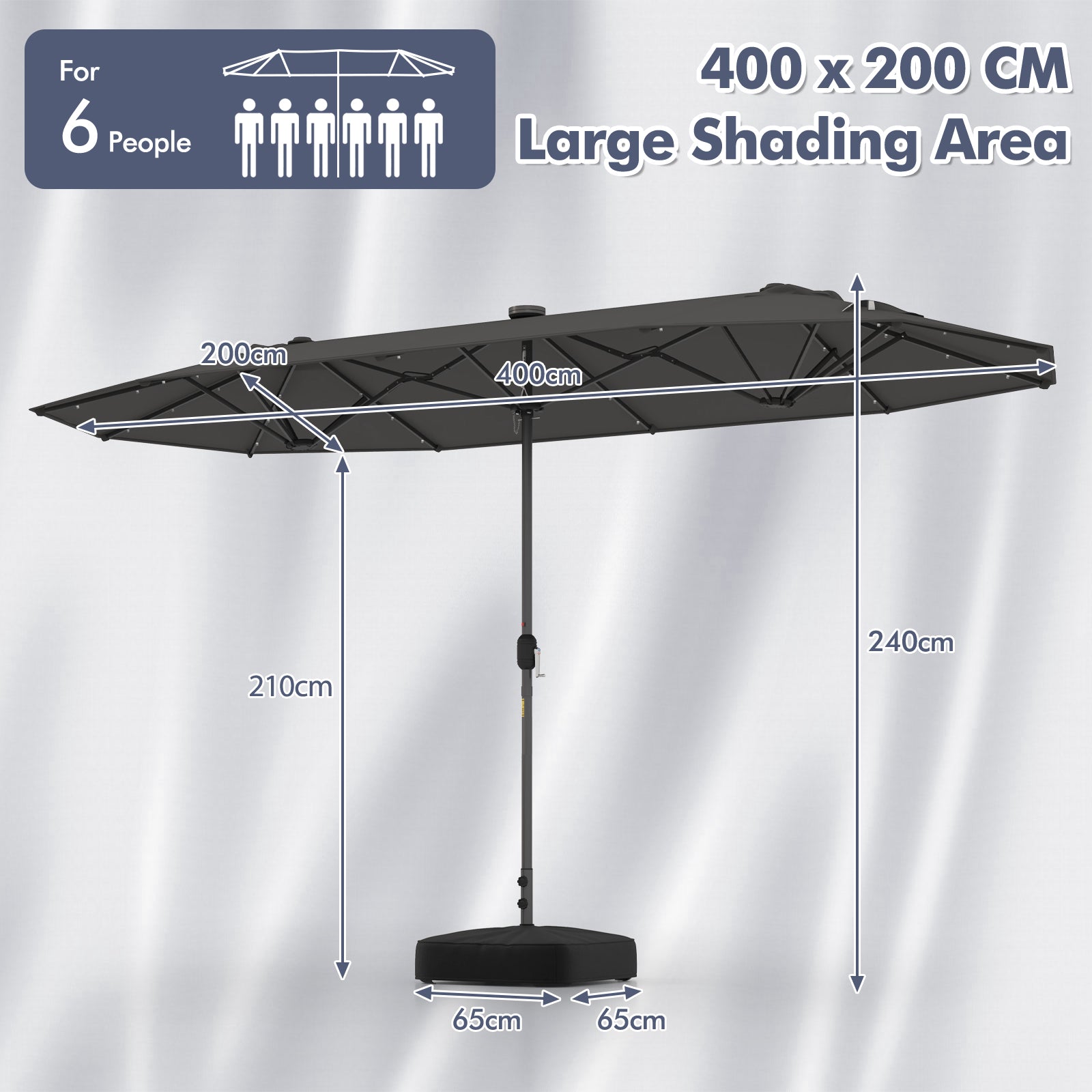 400cm Double-sided Patio Umbrella with Solar Lights-Grey