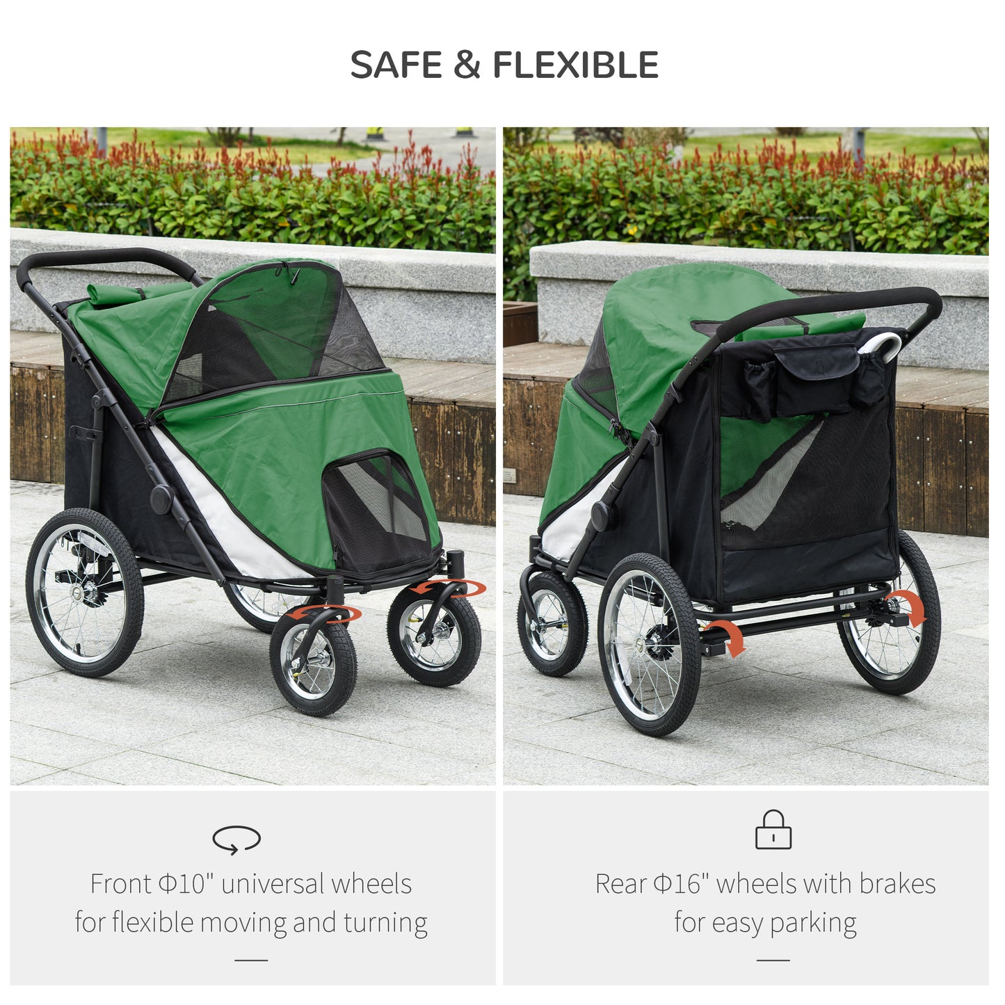 PawHut Foldable Pet Stroller, with Washable Cushion, Storage Bags, Safety Leash, for Medium, Large Dogs, Cats - Green