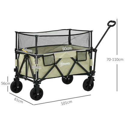 Outsunny Folding Garden Trolley, 180L Wagon Cart with Extendable Side Walls, for Beach, Camping, Festival, Green