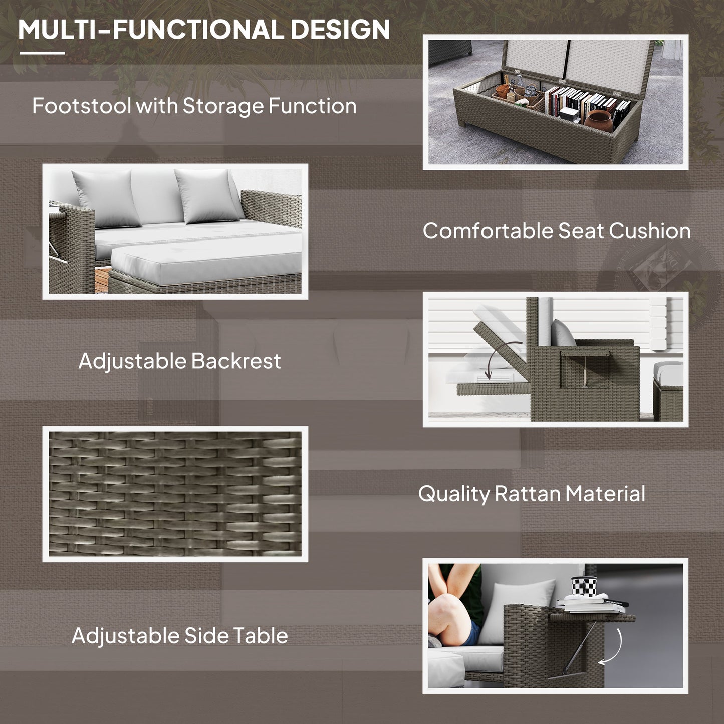 Outsunny Rattan Day Bed, with Footstool - Light Grey